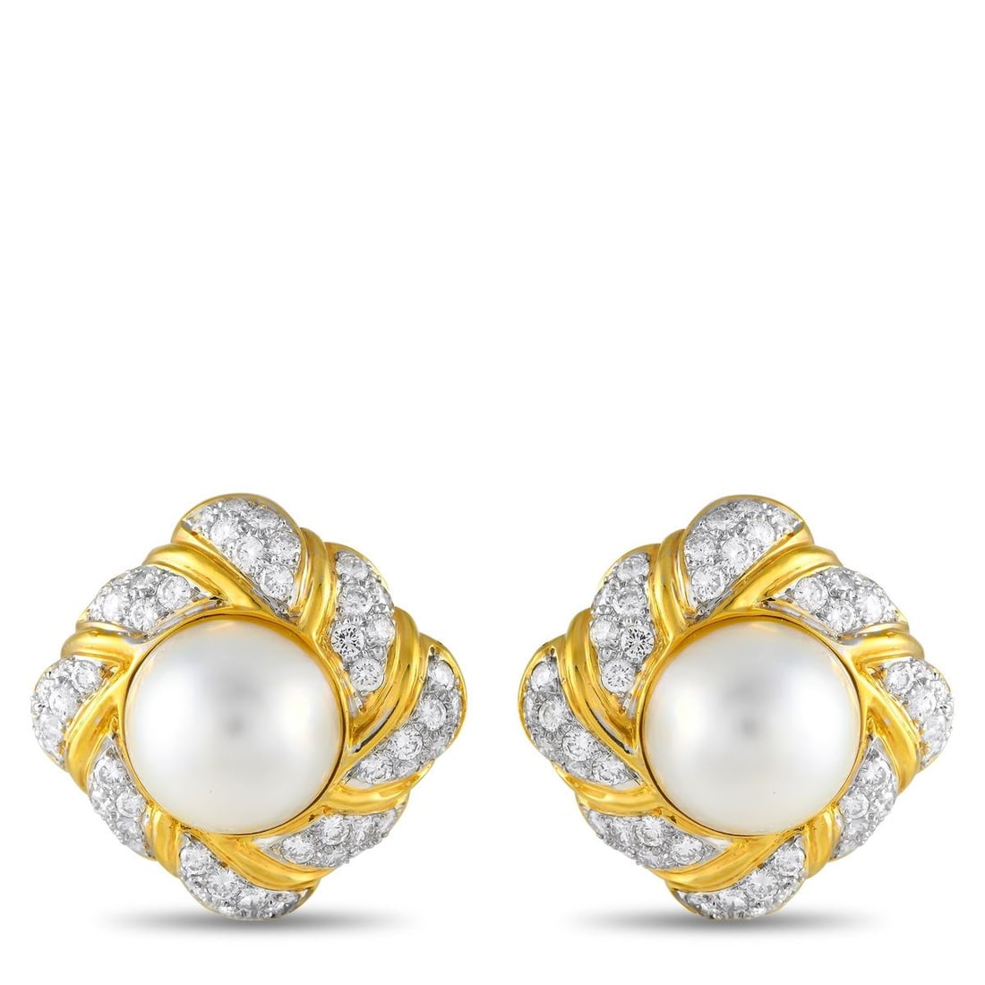 18K YELLOW GOLD 6.12CT DIAMOND AND MOBE PEARL CLIP-ON EARRINGS: These breathtaking earrings are designed to make a statement. Crafted from 18K Yellow Gold, the center of each earring is accented by an exquisite Mobe Pearl. Inset Diamond accents with a total weight