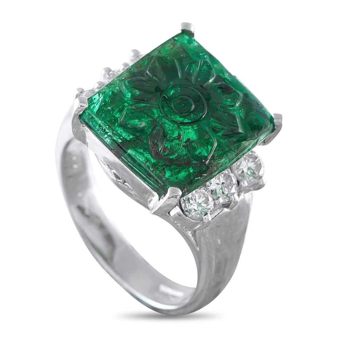 PLATINUM 0.66CT DIAMOND AND EMERALD RING: This 900 platinum ring holds a 5.25-carat emerald, square in outline and carved at the center. Each corner of the green stone is secured by a prong, framing it while protecting its most exposed edges.