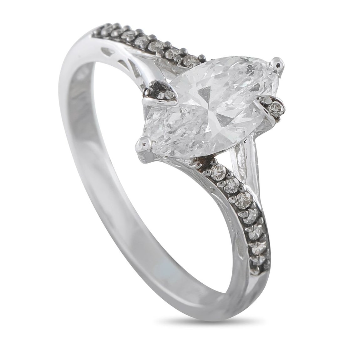 10K WHITE GOLD 1.30CT DIAMOND RING: This luxury ring offers a unique design that will continually captivate. A 1.23 carat marquise cut Diamond makes a statement at the center of this pieces intricate 10K White Gold setting. Additional D