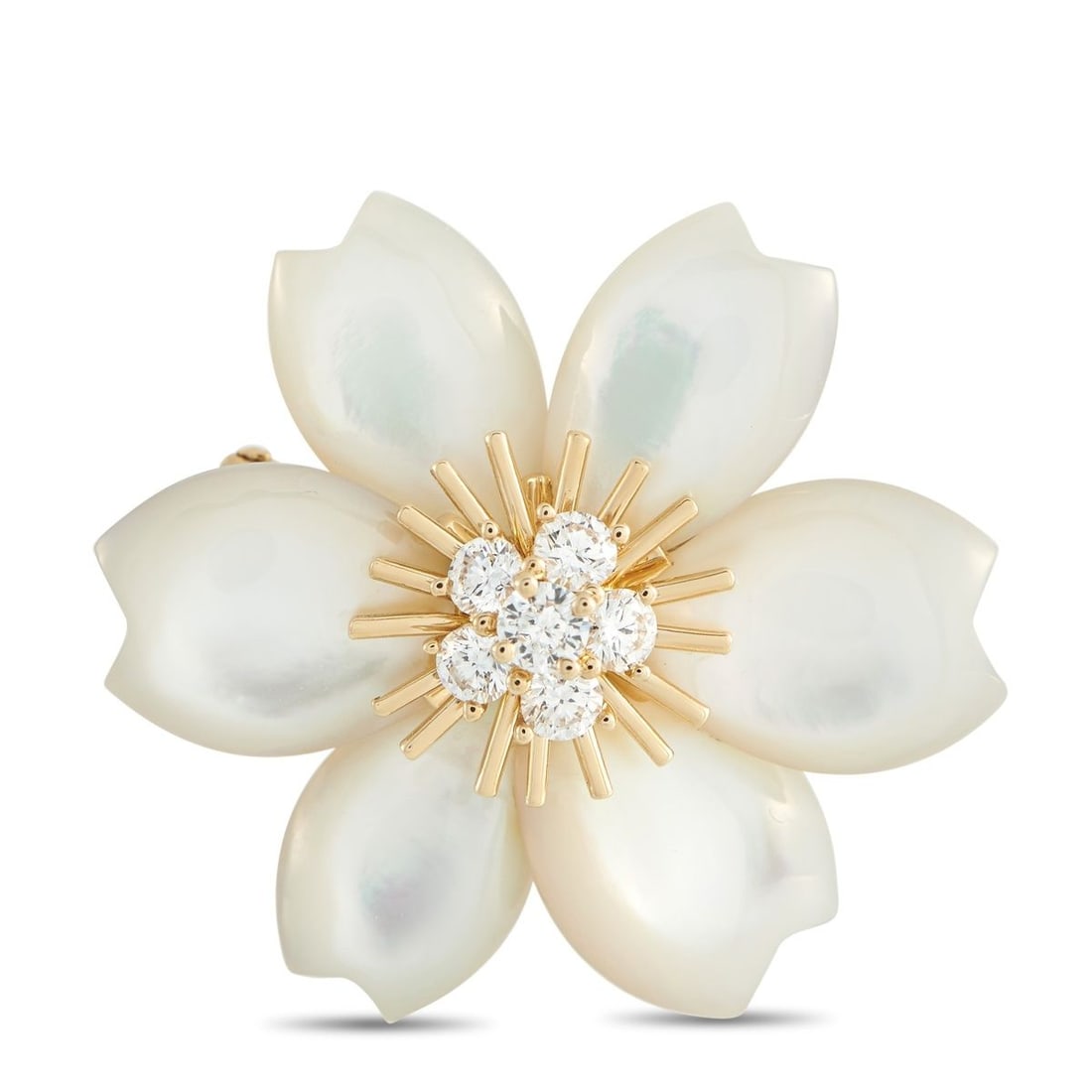 VAN CLEEF & ARPELS ROSE DE NOL 18K YELLOW GOLD 0.48CT DIAMOND AND MOTHER OF PEARL BROOCH: This Van Cleef & Arpels Rose de Nol brooch is positively luminous. Mother of Pearl petals make this piece instantly captivating, while sparkling Diamonds with a total weight of 0.48 carats shine brigh