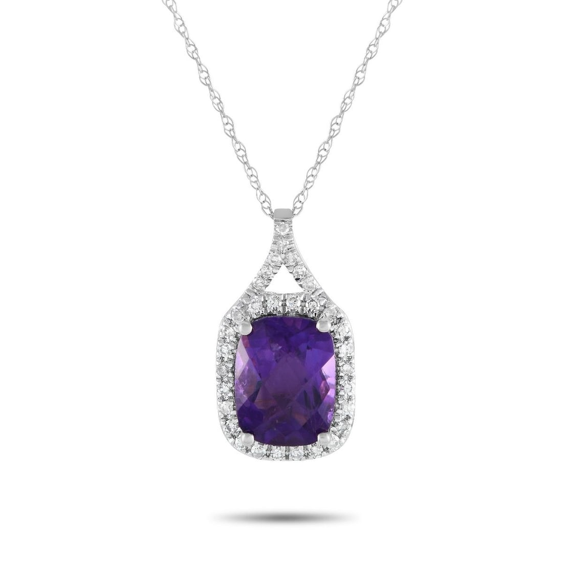 14K WHITE GOLD 0.13CT DIAMOND AND AMETHYST PENDANT NECKLACE: This 14K White Gold necklace is simple, elegant, and understated. Along with a breathtaking Amethyst gemstone, it comes complete with sparkling Diamond accents totaling 0.13 carats. This pieces pendan
