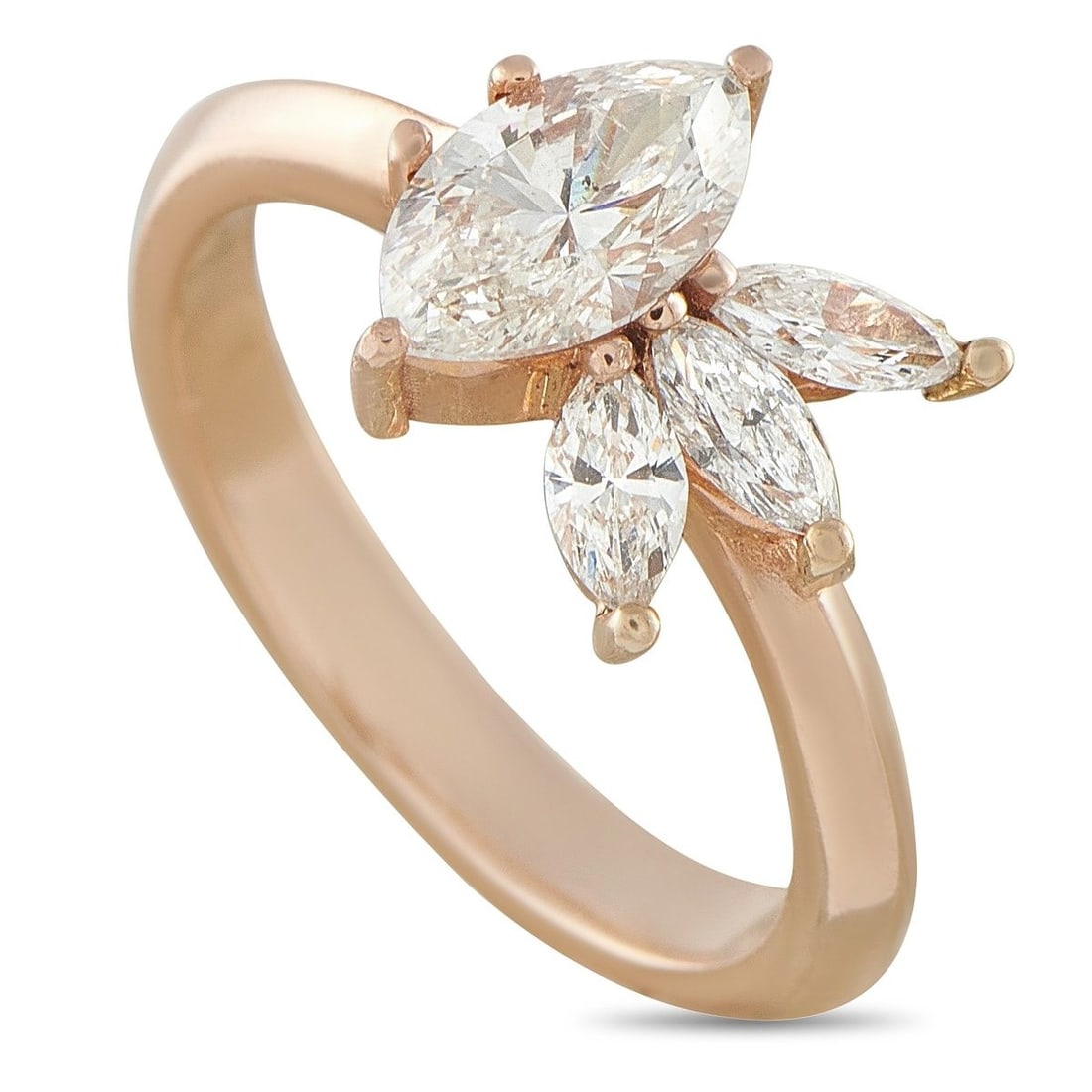 14K ROSE GOLD 1.25CT DIAMOND MARQUISE CLUSTER RING: This ring is crafted in 14K rose gold and set with a marquise-cut diamond center stone weighing approximately 0.92 carats, accented by marquise-cut diamonds totaling approximately 0.33 carats along th