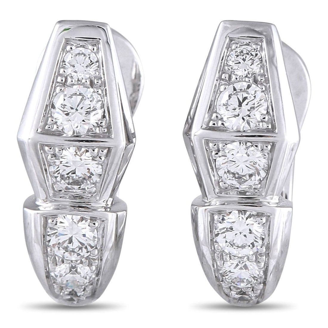 BVLGARI SERPENTI 18K WHITE GOLD 1.52CT DIAMOND EARRINGS: These Bvlgari Serpenti earrings will add a touch of luxury to any occasion. Designed to resemble a stylized snakes head, the sleek 18K White Gold setting beautifully showcases sparkling Diamonds with 