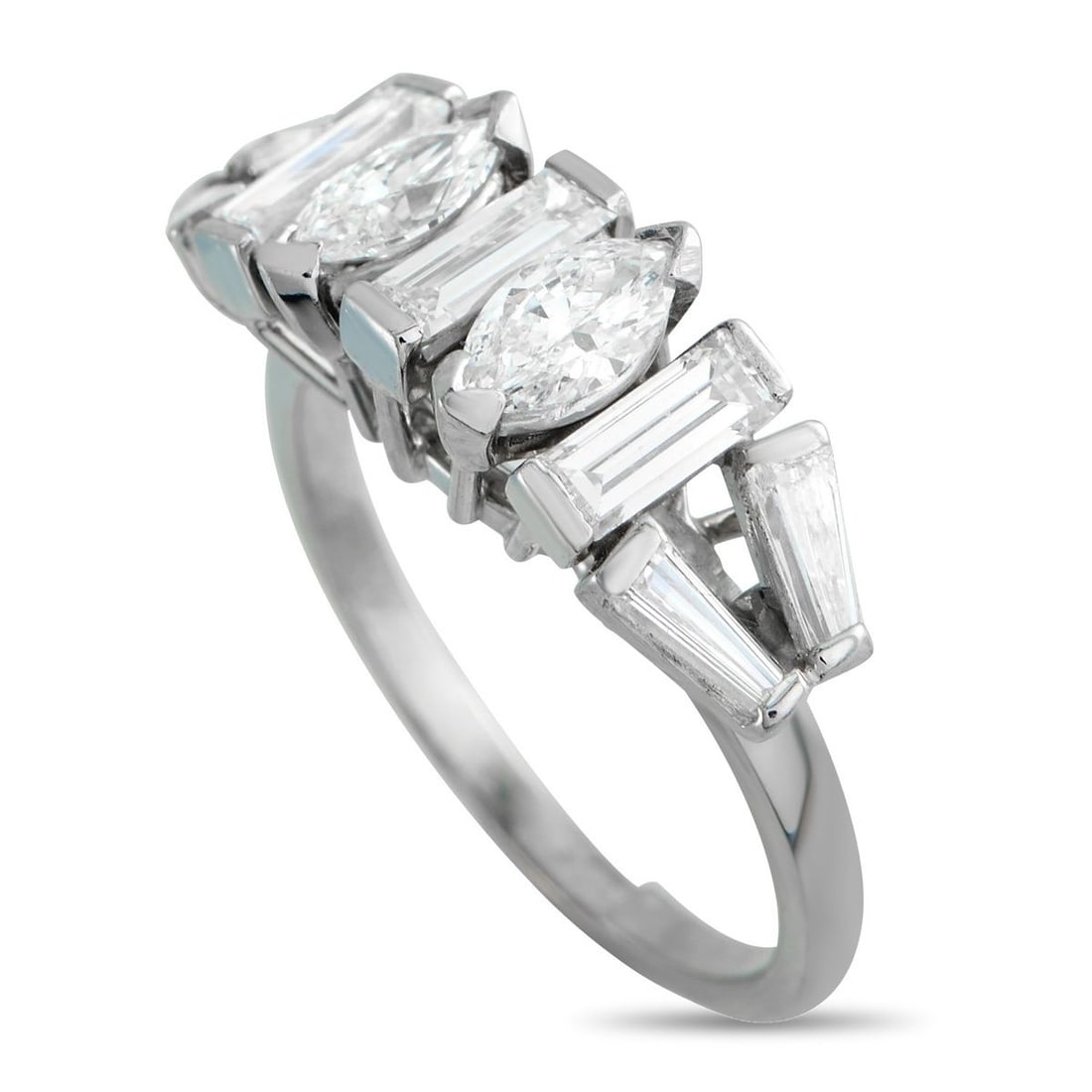 PLATINUM 2.0CT DIAMOND GEOMETRIC RING: Dynamic yet still composed. There is a playful quality in the diamond layout featured in this platinum ring. The 2mm band profile stays clean and direct, while the row of diamonds on top introduces va