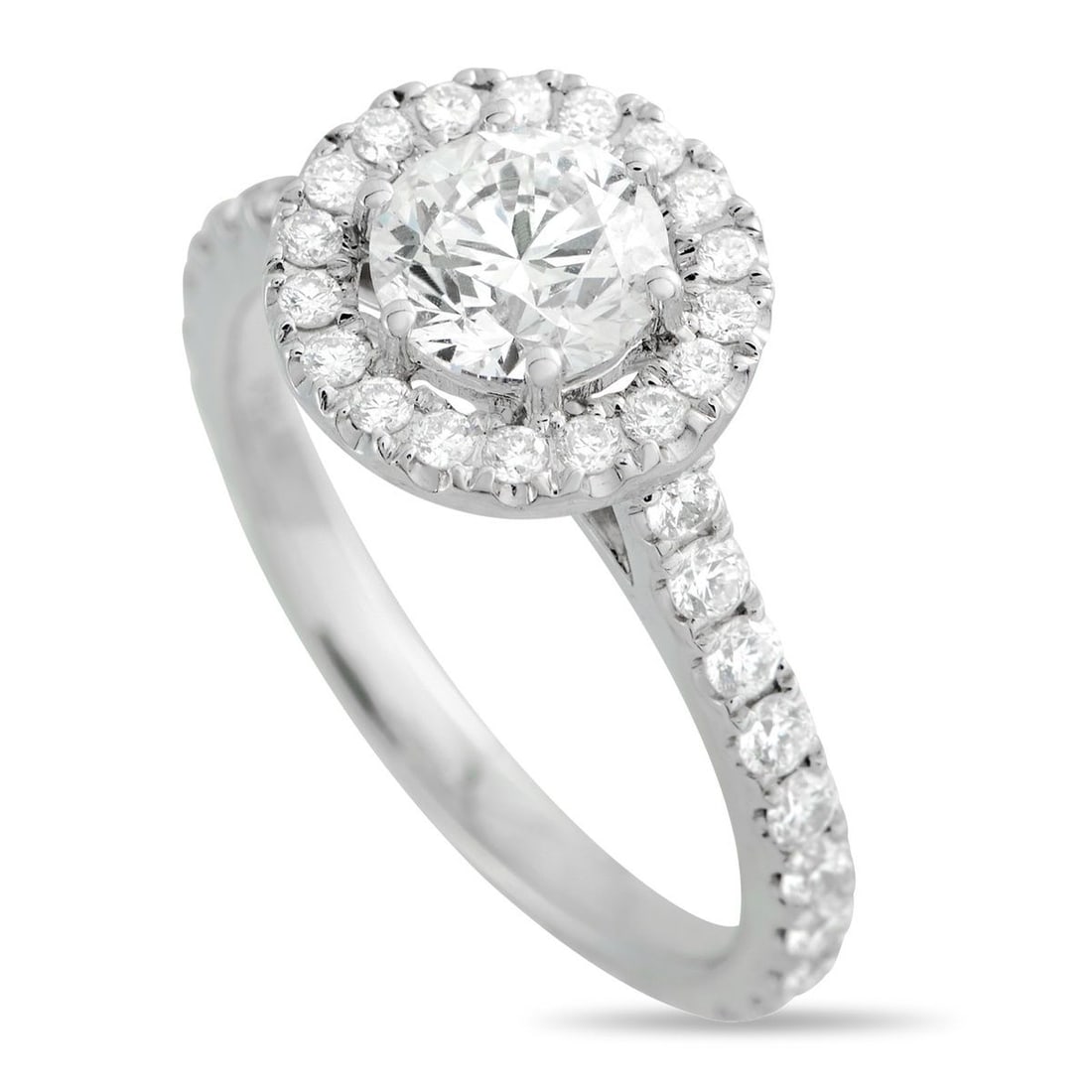 14K WHITE GOLD 1.53CT DIAMOND HALO RING: A solid choice for a personal milestone or a daily spark. In 14K white gold, this ring features a 0.95 ct center diamond held by six prongs. A halo of petite diamonds circles the center, making it app