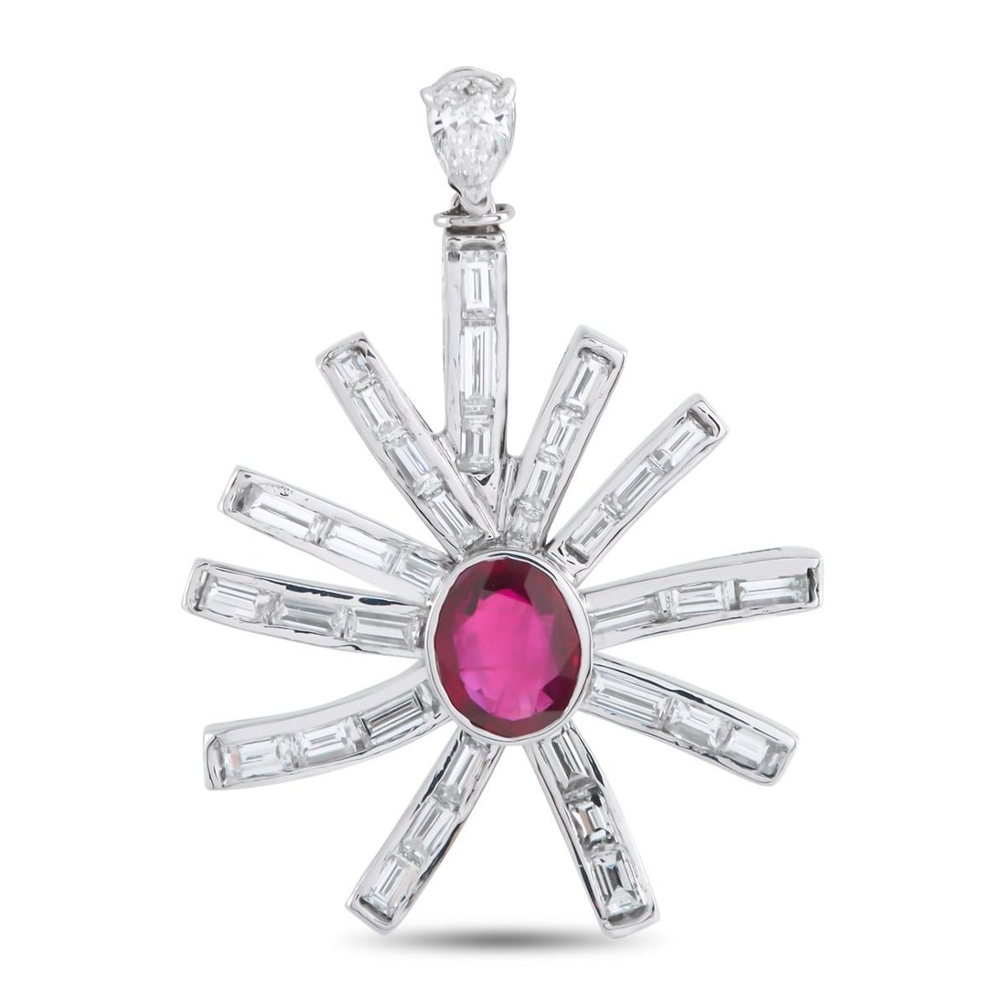 PLATINUM 2.0CT DIAMOND AND RUBY PENDANT: A contemporary design makes this luxury necklace incredibly stylish. The playful Platinum setting showcases the 1.52 carat Burma Heated Ruby center stone. Diamonds with a total weight of 2.0 carats al