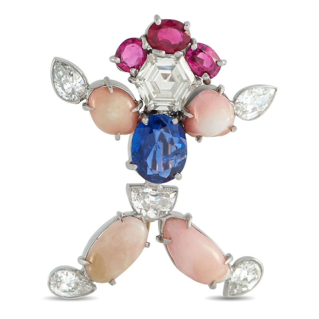 18K WHITE GOLD 3.45CT DIAMOND, SAPPHIRE, AND CONCH PEARL BROOCH: This playful brooch will add a pop of color to any ensemble. A 1.25 carat Diamond center stone and additional Diamond accents totaling 2.20 carats allow it to shine brightly every time it catches the 
