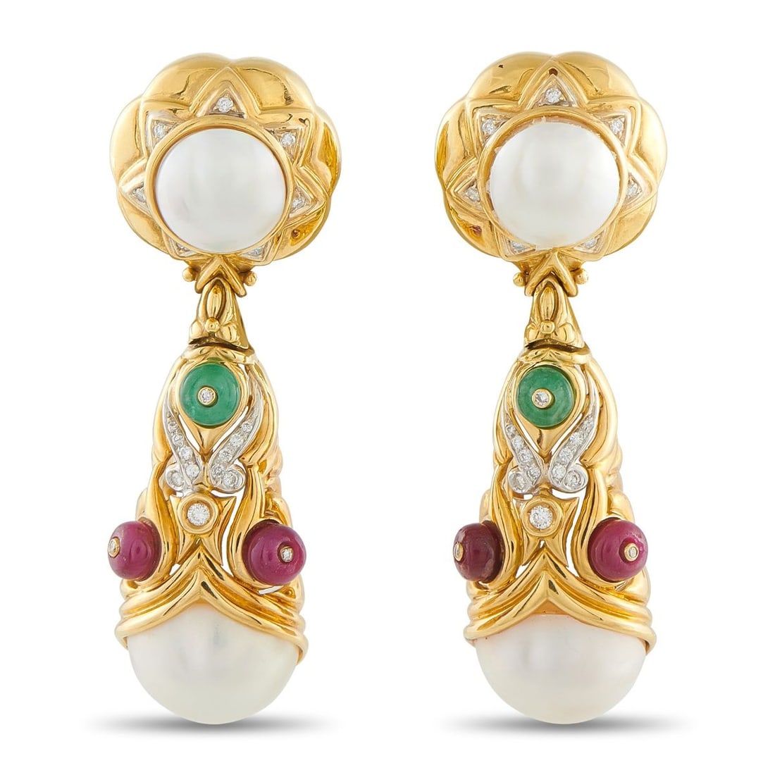 18K YELLOW GOLD DIAMOND, RUBY, EMERALD, PEARL EARRINGS (1 of 3)