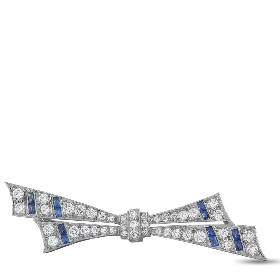 PLATINUM 0.90CT DIAMOND AND SAPPHIRE BOW BROOCH: A graceful estate platinum bow brooch in the Art Deco tradition, exquisitely pav-set with round brilliant diamonds totaling 0.90 carats throughout its elegant ribbon form. Calibr-cut blue sapphires ac