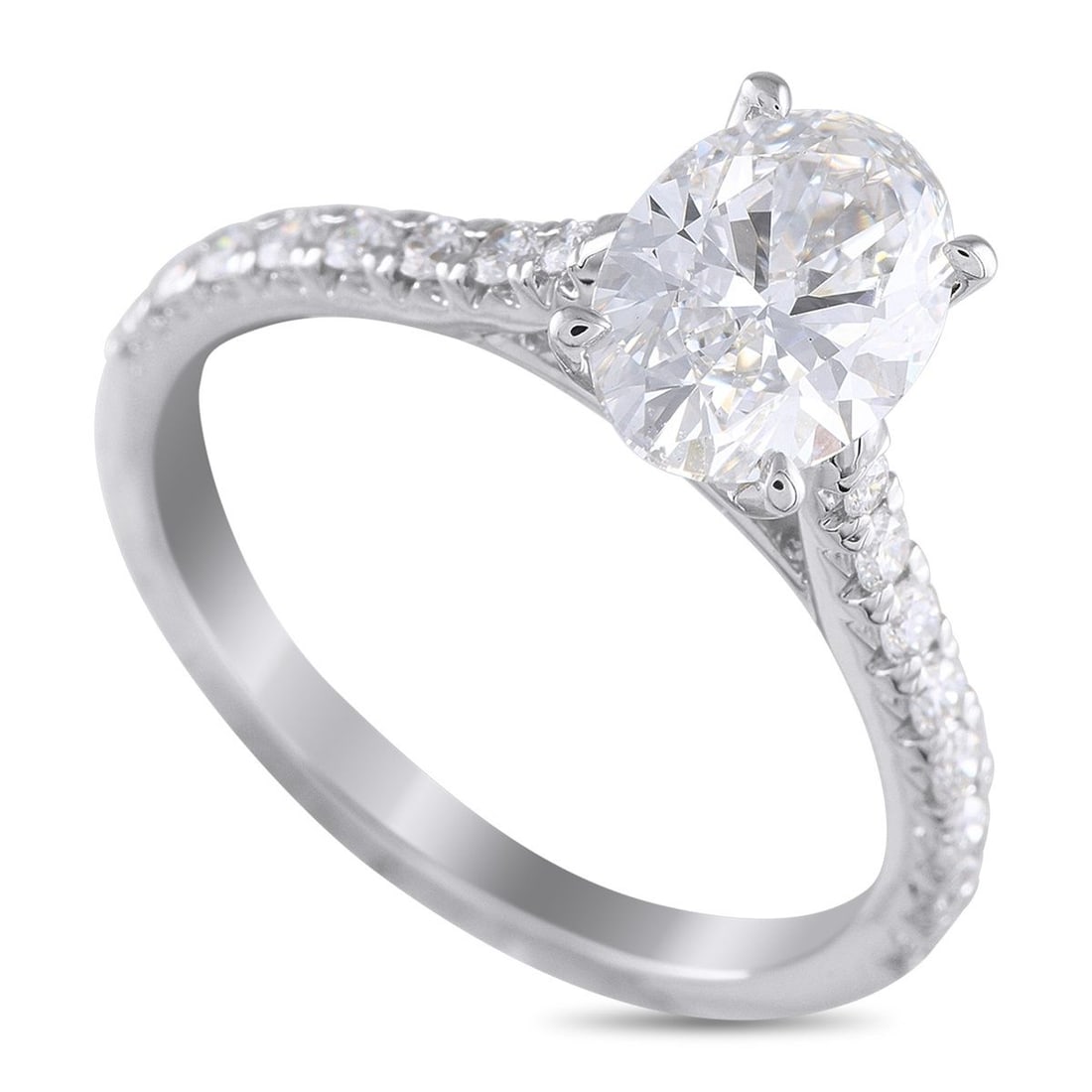 14K WHITE GOLD 1.94CT LAB-GROWN DIAMOND RING: This luxury ring is simply stunning. A 1.59 carat oval-cut Lab Grown Diamond with F color and VVS2 clarity shines bright from its place at the center of the simple 14K White Gold setting. Round-cut La