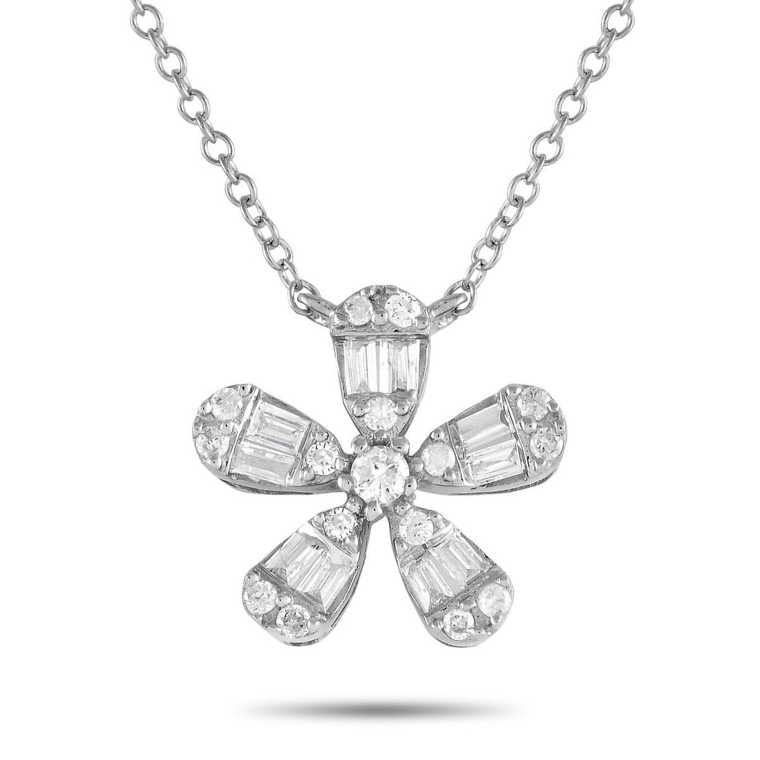14K WHITE GOLD 0.23CT DIAMOND FLOWER NECKLACE: A dainty floral shaped pendant measuring 0.45 round makes a statement thanks to inset diamonds totaling 0.23 carats on this charming necklace. This elegant accessory is crafted from 14K white gold and