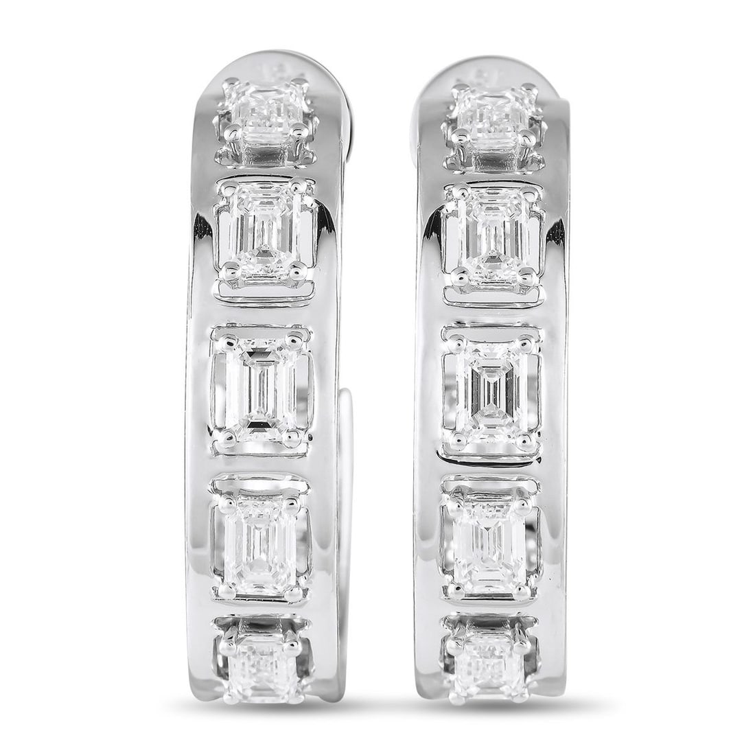 18K WHITE GOLD 2.55CT DIAMOND EMERALD-CUT C-HOOP EARRINGS: Ready to deliver showy flashes of light, these C-hoop earrings will frame your face and enhance the elegance of your look. They're cast in 18K white gold and set with emerald-cut diamonds that weigh 2