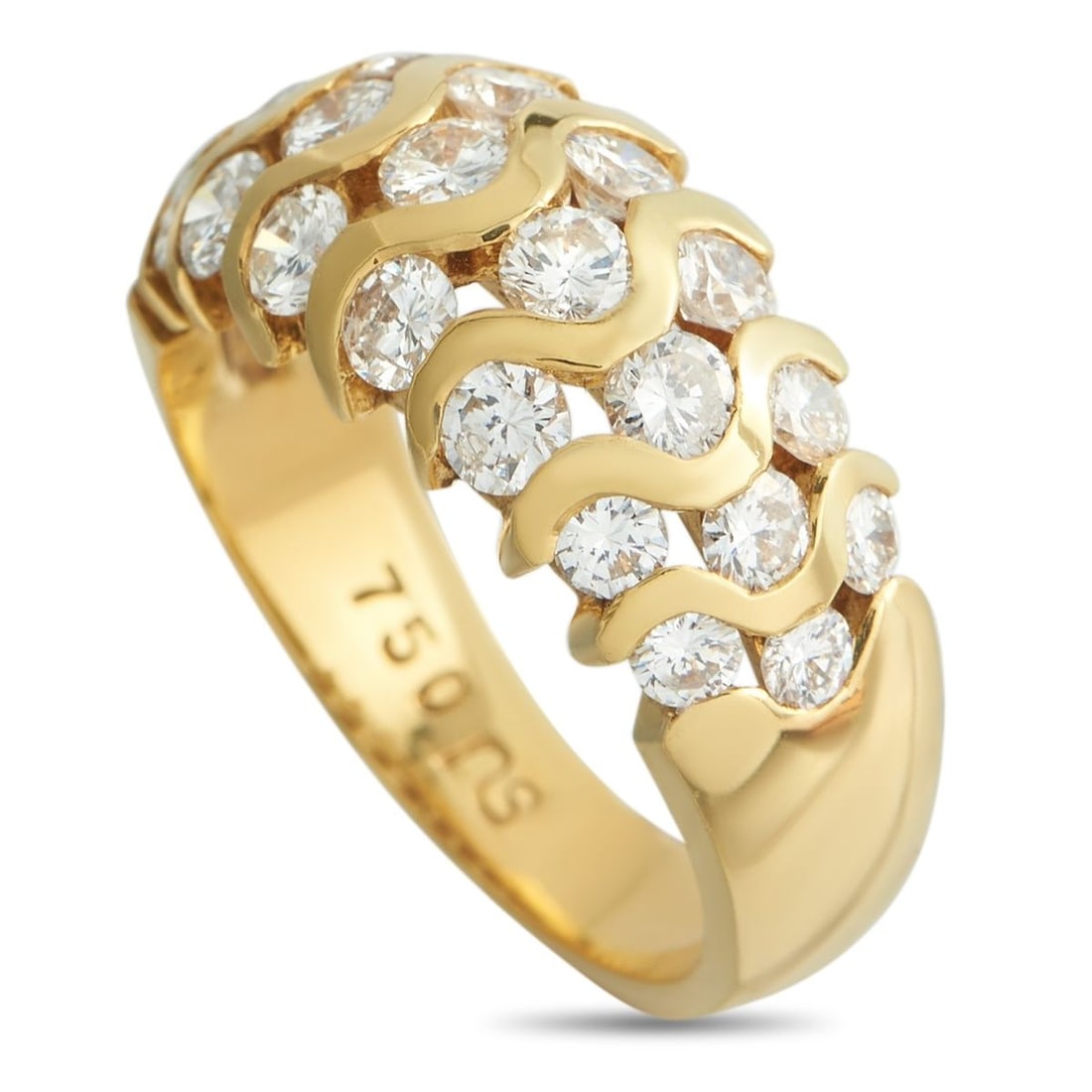 18K YELLOW GOLD 1.80CT DIAMOND WAVE RING: Instead of a traditional pav, this 18k yellow gold ring uses a wave to frame its diamonds. Curving gold lines travel across the 4mm band, forming open pockets where round diamonds totaling 1.80 carats
