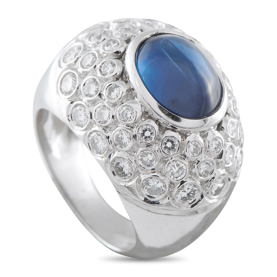 PLATINUM 1.85CT DIAMOND AND SAPPHIRE RING: This luxury ring is bold and incredibly impressive. The rounded Platinum setting is elevated by bezel-set Diamond accents with a total weight of 1.85 carats. At the center, a deep blue 5.0 carat