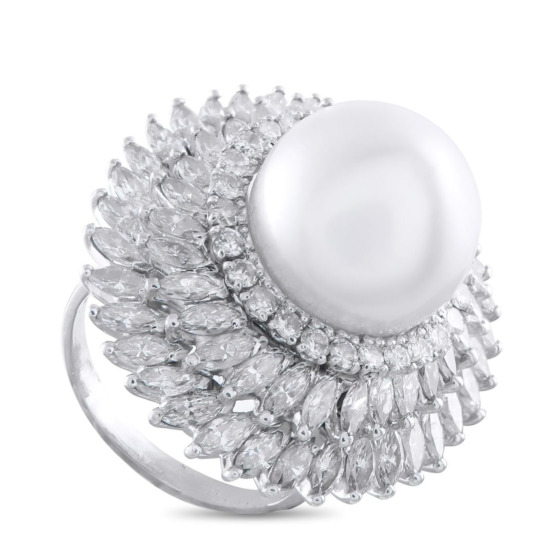 PLATINUM 5.0CT DIAMOND AND PEARL RING: On this breathtaking luxury ring, a 14mm Pearl serves as a stunning alternative to a traditional center stone. Rows upon rows of Diamonds totaling 5.0 carats allow this piece to seemingly radiate