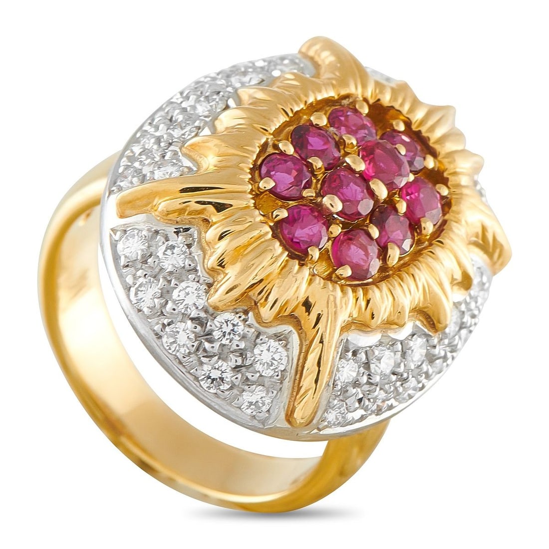 18K YELLOW GOLD 0.60CT DIAMOND AND RUBY RING: This radiant ring will add color and sparkle to any ensemble. Set in 18K Yellow Gold, a cluster of Ruby gemstones with a total weight of 1.12 carats makes a statement at the center. Diamonds with a to