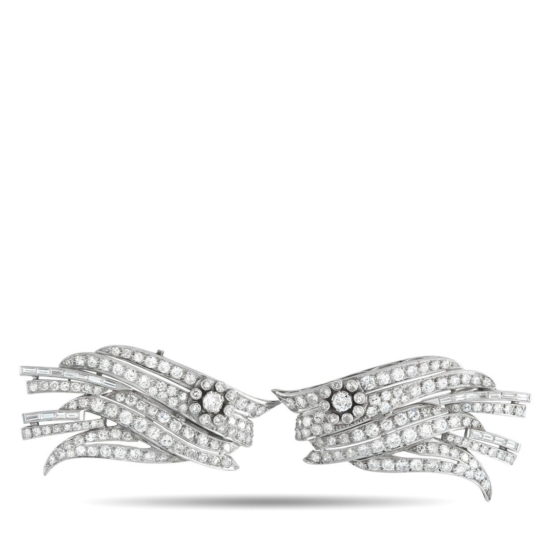 PLATINUM 9.0CT DIAMOND WINGS BROOCH: The brooch for those who like their jewelry with a side of drama. Cast in platinum, this piece features a winged silhouette composed of shimmering ribbons of round diamonds that sweep and curve with a