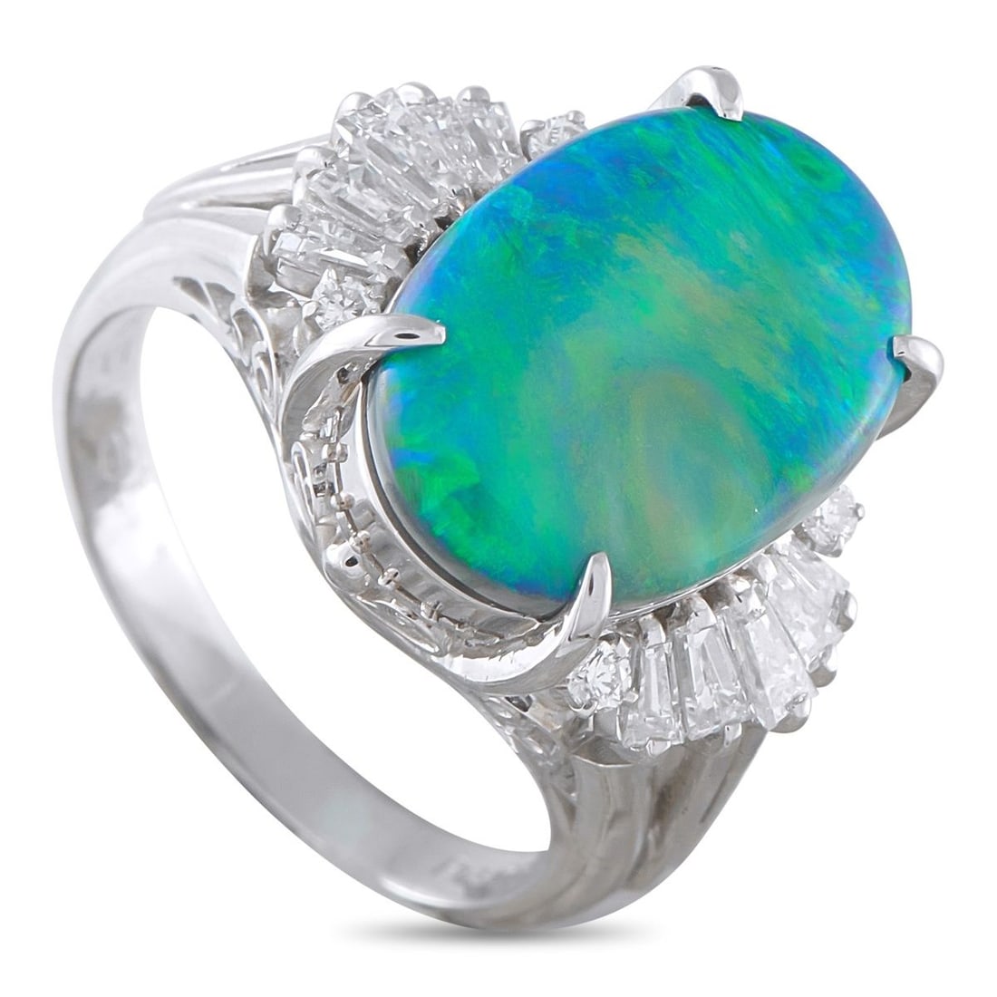 PLATINUM 0.54CT DIAMOND AND BLACK OPAL RING: Rare and distinct, this piece features a 4.65-carat black opal carrying blue and green flashes across a dark base. It is set high on a 2mm platinum band and held by four slim claw prongs that leave