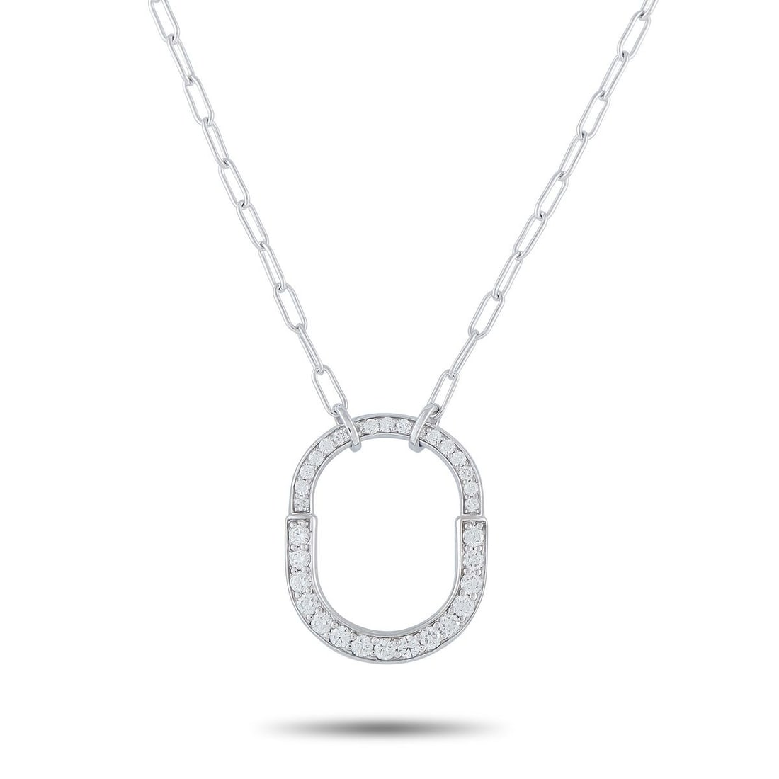 TIFFANY & CO. LOCK 18K WHITE GOLD DIAMOND LARGE LOCK PENDANT NECKLACE: This Tiffany & Co. Lock necklace features a padlock design that hails from The Tiffany Archives. Crafted from 18K White Gold, the minimalist pendant is elevated by sparkling Diamonds. This pieces