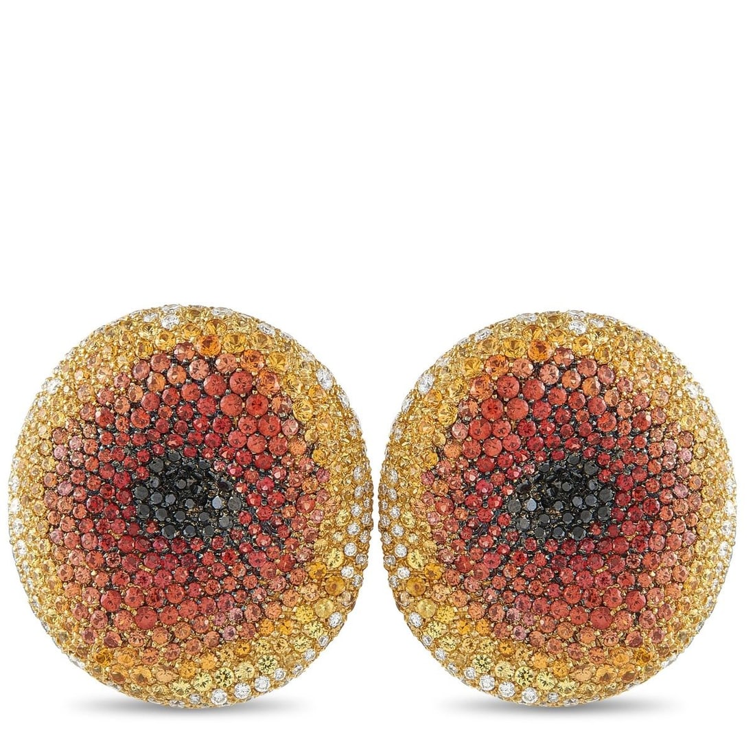 PALMIERO 18K YELLOW GOLD 2.90CT DIAMOND AND SAPPHIRE CLIP-ON EARRINGS: An artistic design makes these Palmiero earrings unlike anything else. The circular settings are elevated by white Diamonds totaling 2.0 carats, black Diamonds totaling 0.90 carats, and colored Sapphi