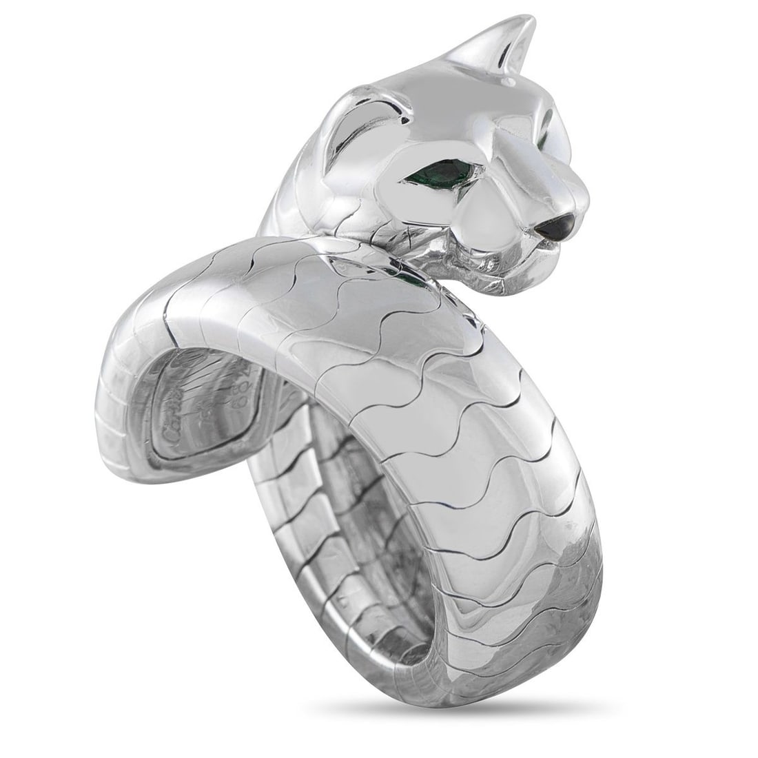 CARTIER PANTHRE LAKARDA 18K WHITE GOLD RING: This 18K white gold Cartier Panthere 'Lakarda' ring makes its presence known through its substantial 25.5-gram build. Curved grooves sweep along the coiled body, while the sharply defined head stands 