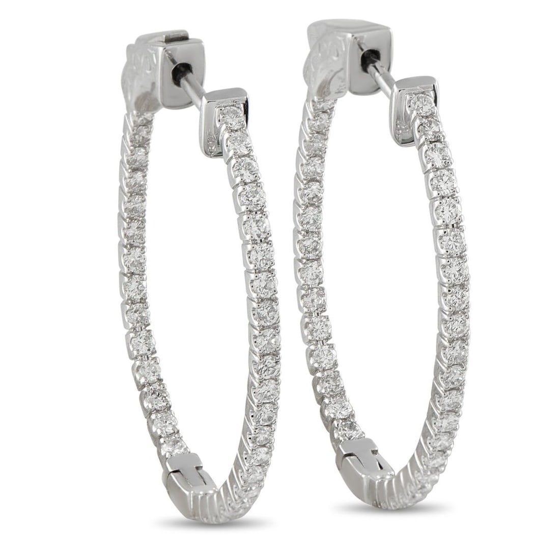 14K WHITE GOLD 1.07CT DIAMOND INSIDE-OUT HOOP EARRINGS: Diamonds with a total weight of 1.07 carats add plenty of sparkle to these classic hoop earrings. Ideal for any occasion, each earring is crafted from 14K White Gold and measures 1.25 long by 1.13 wid