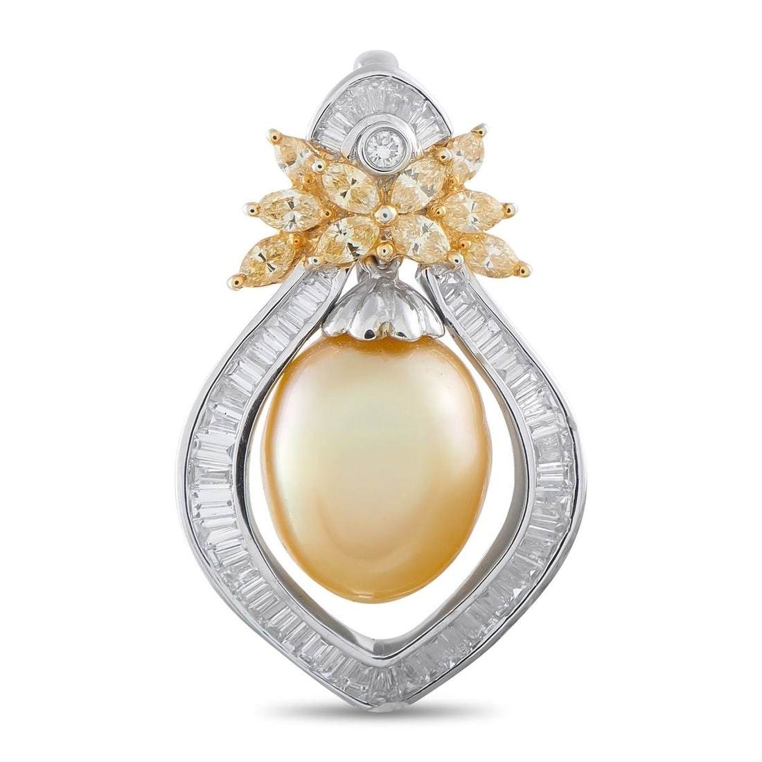 18K WHITE AND YELLOW GOLD 3.0CT DIAMOND AND PEARL PENDANT: This luxury pendant is simply exquisite. A luminous golden Pearl measuring 13mm x 15.5mm is suspended at the center of the openwork setting, which is crafted from a combination of 18K White Gold and 1