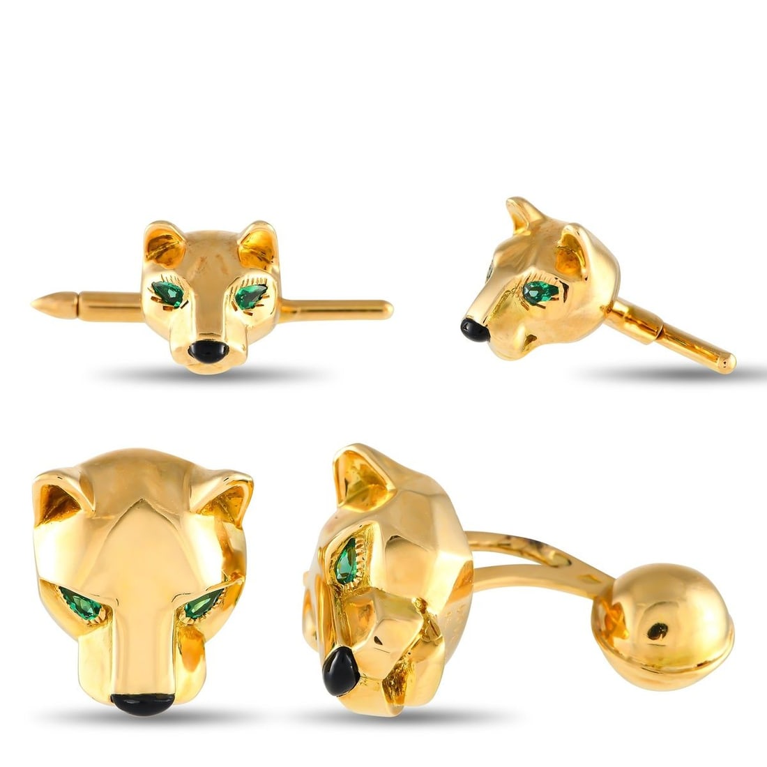 CARTIER PANTHERE 18K YELLOW GOLD CUFFLINKS AND TUXEDO BUTTON SET: This stylish Cartier Panthere set includes a pair of cufflinks and matching tuxedo buttons. Both accessories feature the luxury brands iconic panthers, which come to life thanks to green gemstone eyes