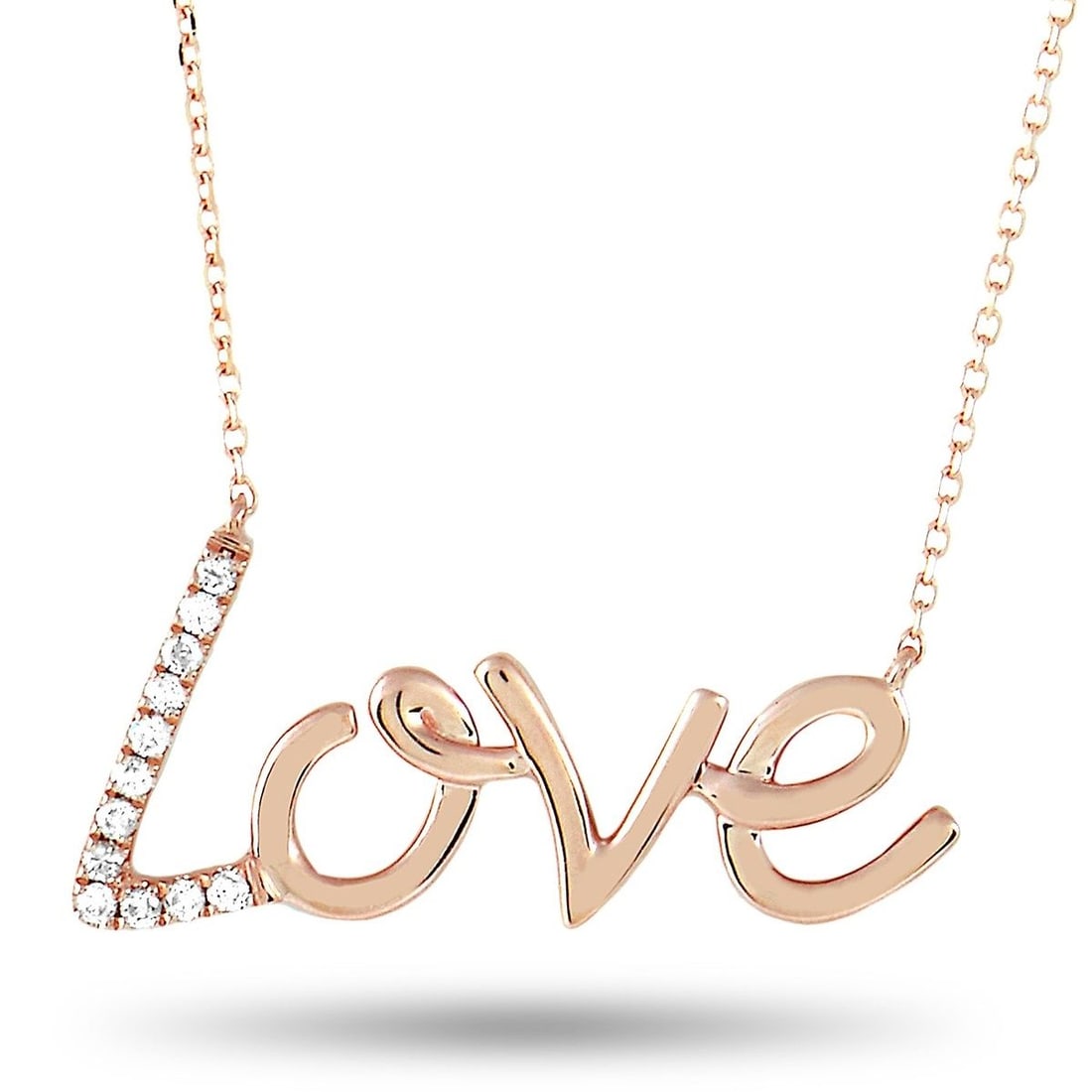 14K ROSE GOLD 0.10 CT DIAMOND LOVE PENDANT NECKLACE: This necklace is made of 14K rose gold and embellished with diamonds that amount to 0.10 carats. The necklace weighs 3.1 grams and boasts a 14 chain and a love pendant that measures 1 in length and 0.