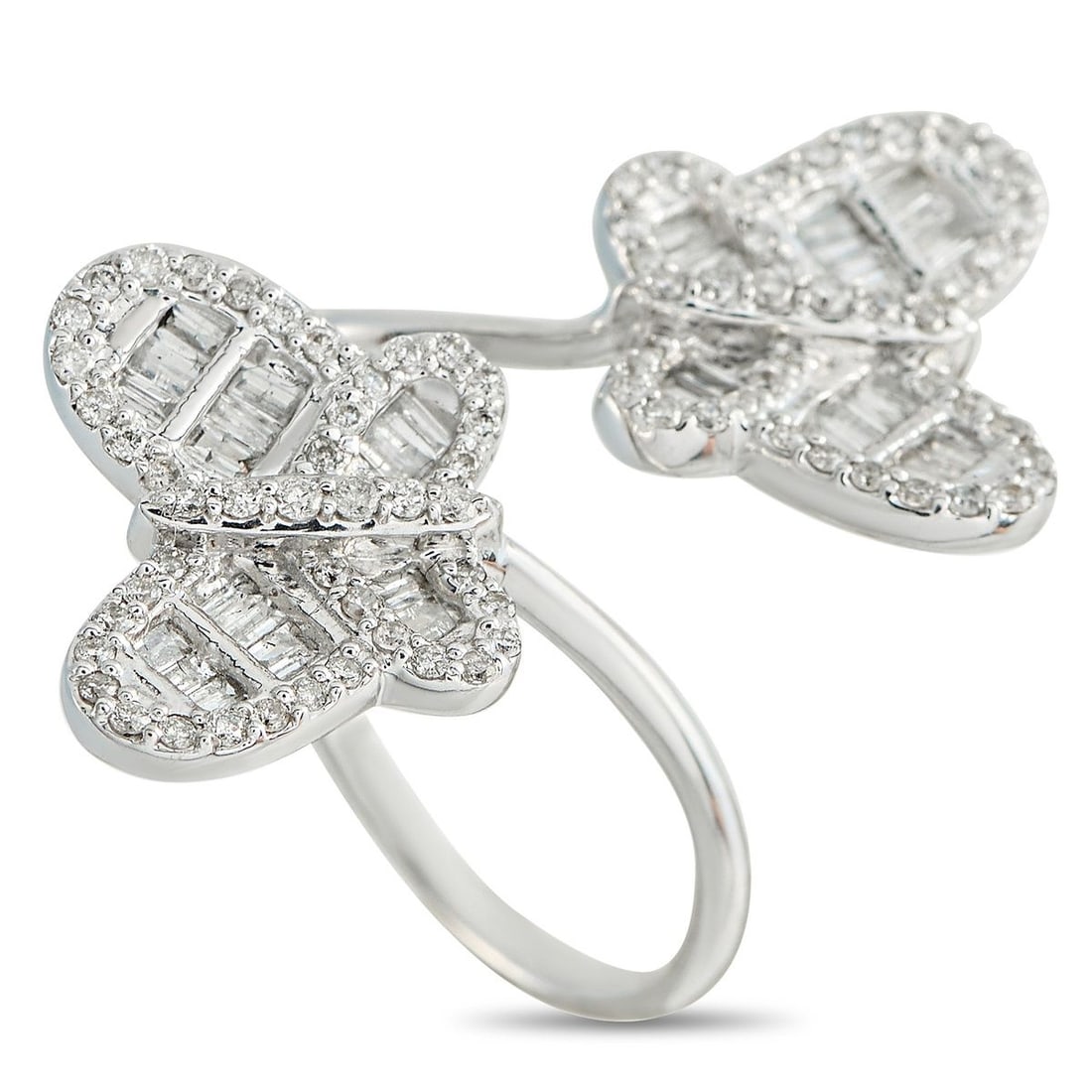 10K WHITE GOLD 1.20CT DIAMOND BUTTERFLY BYPASS RING: Butterfly motifs make a statement at each end of this simple, elegant bypass ring. The whimsical design is light, airy, and shines to life thanks to sparkling Diamonds with a total weight of 1.20 cara