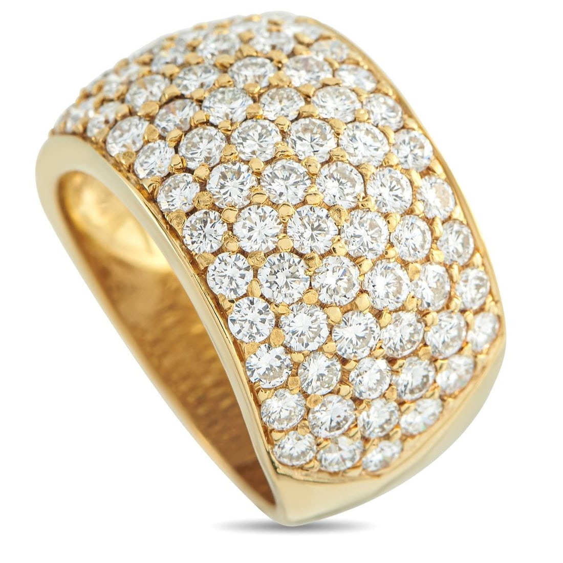18K YELLOW GOLD 2.45CT DIAMOND WIDE BAND RING: Relying on pattern and proportion to make its statement, this yellow gold ring features six rows of diamonds set across its wide surface. Round diamonds, totaling 2.45 carats, are closely set to form 
