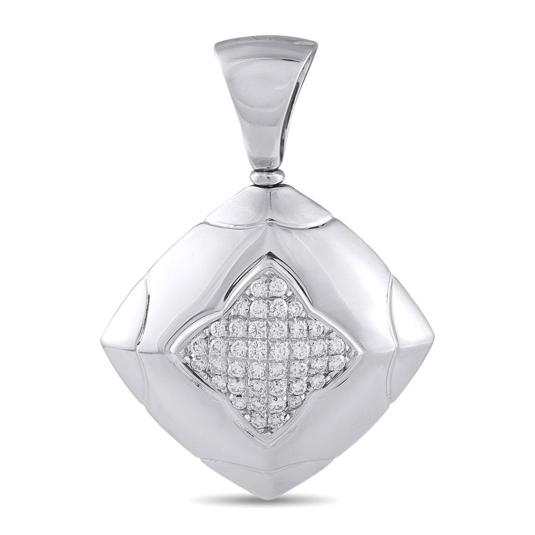 BVLGARI PYRAMID 18K WHITE GOLD 0.65CT DIAMOND PENDANT: This Bvlgari Pyramid pendant is ideal for anyone who appreciates timeless luxury. The bold, contemporary design is elevated by sparkling Diamonds totaling 0.65 carats, which adorn the center. Set in 1
