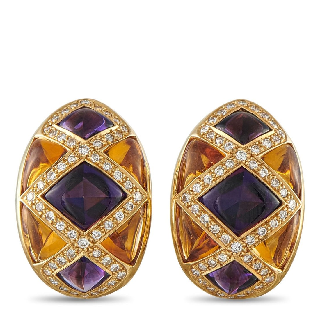 18K YELLOW GOLD 1.0CT DIAMOND, CITRINE AND AMETHYST EARRINGS: Moving away from subtle daily accents, these earrings prioritize dramatic scale and deliberate, unapologetic color pairing. Crafted in 18K yellow gold, each ovoid earring is fastened by an omega clasp
