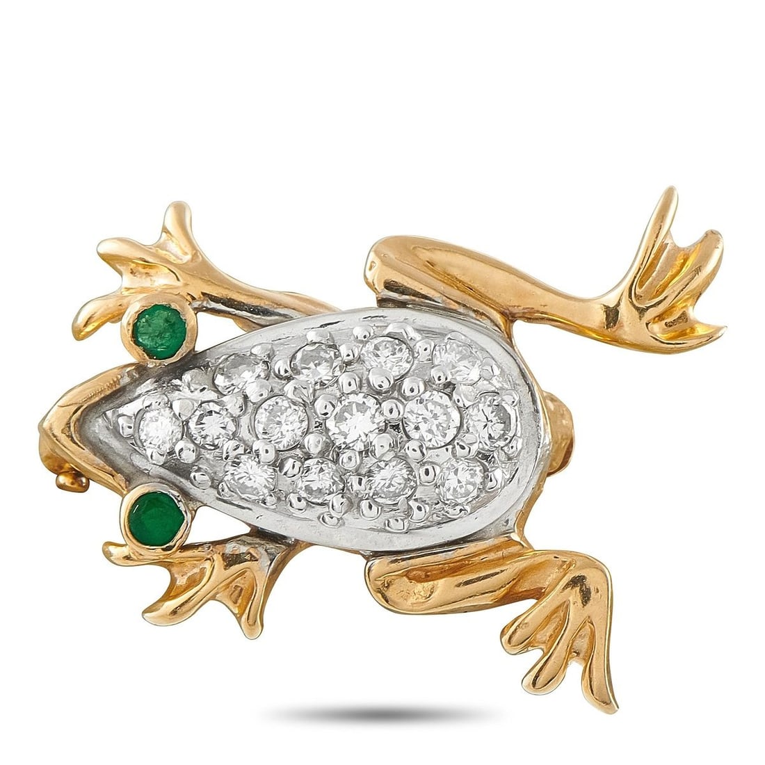 14K YELLOW GOLD 0.60CT DIAMOND AND EMERALD FROG BROOCH: Delight in this enchanting estate 14K yellow gold frog brooch, a whimsical masterpiece of fine craftsmanship and artistry. The frog's oval body is densely pav set with approximately 0.60 carats of rou