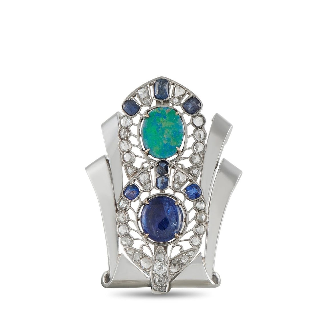 18K WHITE GOLD 1.0CT DIAMOND, OPAL, AND SAPPHIRE ART DECO BROOCH: A breathtaking Art Deco estate brooch of remarkable gemstone composition and dramatic design. The upper center of this fan-shaped white gold brooch is commanded by a vivid oval black opal cabochon wit