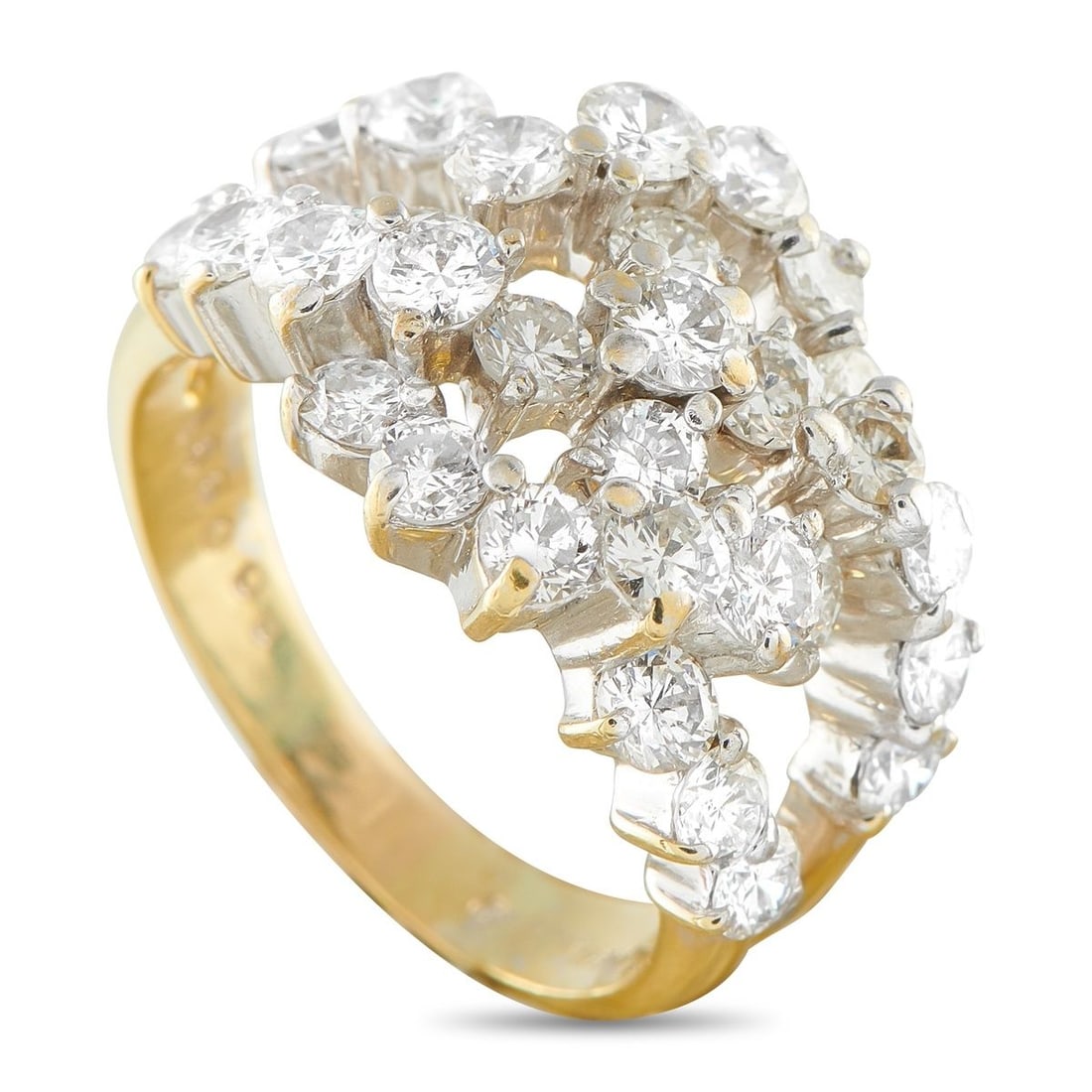 18K YELLOW GOLD 3.20CT DIAMOND RING: A creative design makes this ring unlike anything youve seen before. Incredibly luxurious, the stylish openwork setting is elevated by sparkling Diamonds with a total weight of 3.20 carats. Crafted fr