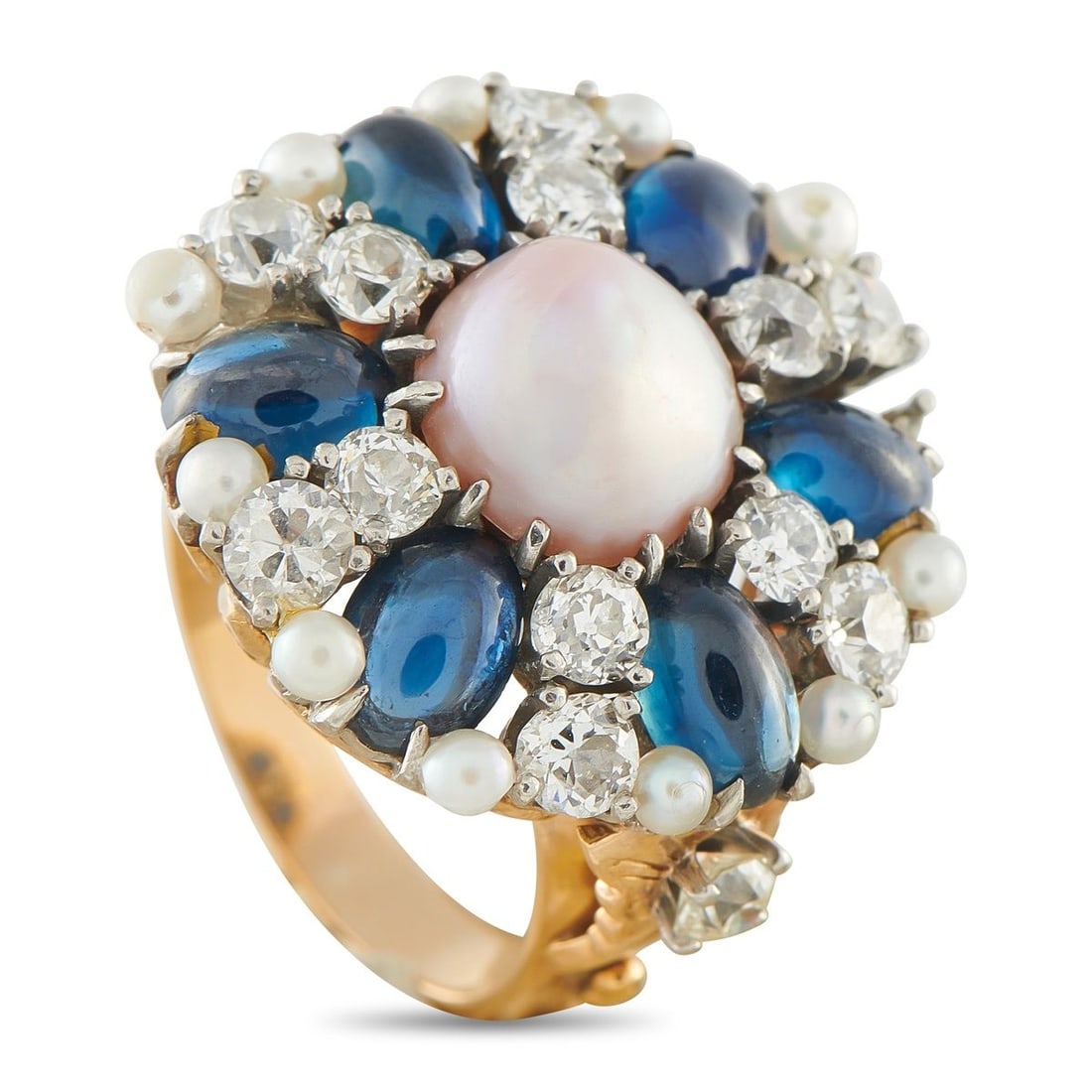 14K ROSE GOLD 1.80CT DIAMOND, SAPPHIRE, AND NATURAL PEARL RING: This impeccably crafted ring is filled with dynamic details. Natural Pearls provide this piece with a luminous quality that is impossible to ignore. Sapphire accents totaling 3.50 carats allow it to c