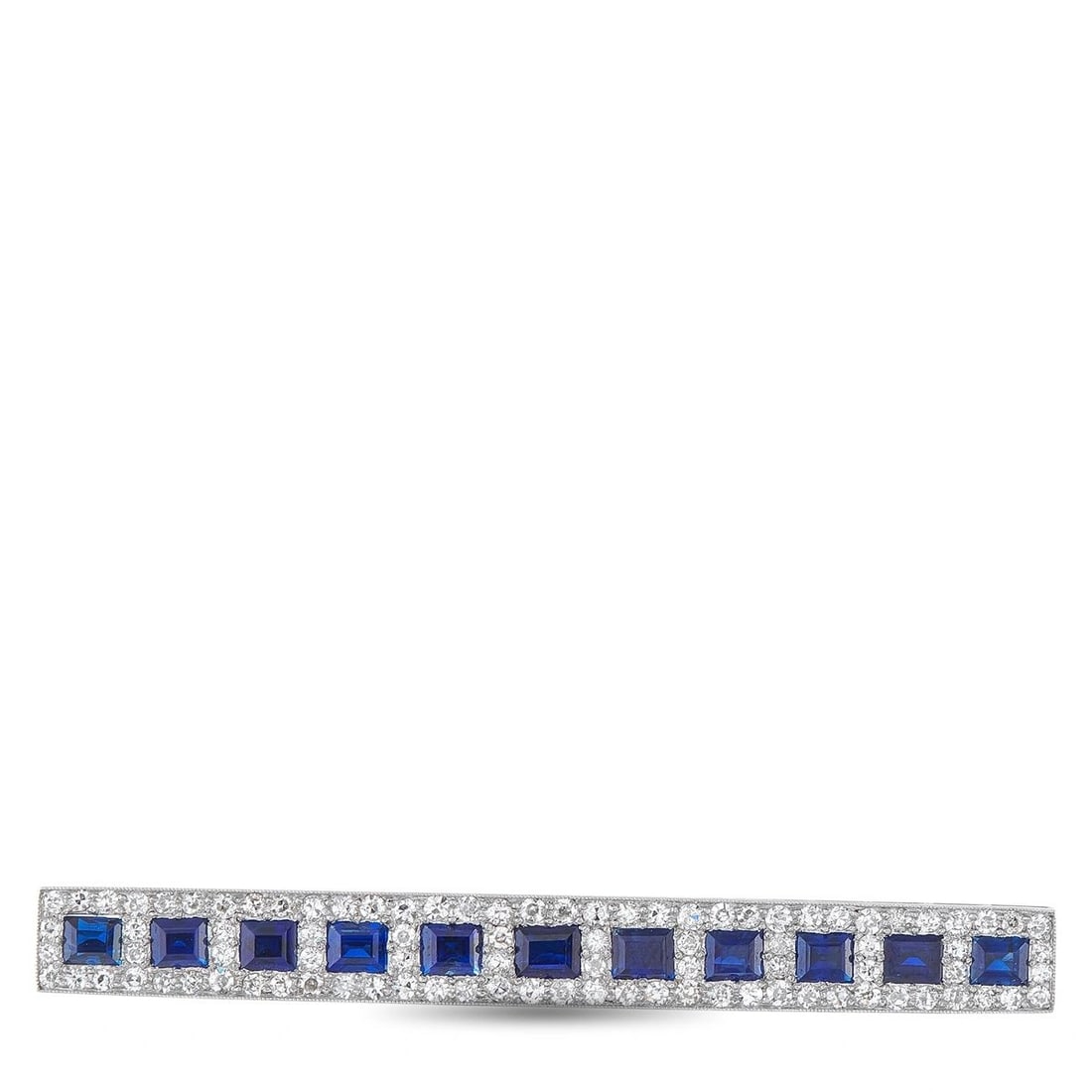 PLATINUM 1.50CT DIAMOND AND SAPPHIRE ART DECO BAR BROOCH: A sleek Art Deco bar brooch in platinum, featuring a row of vivid blue square-cut sapphires totaling 3.85 ct framed on all sides by pav round brilliant-cut diamonds totaling 1.50 ct a masterpiece of g