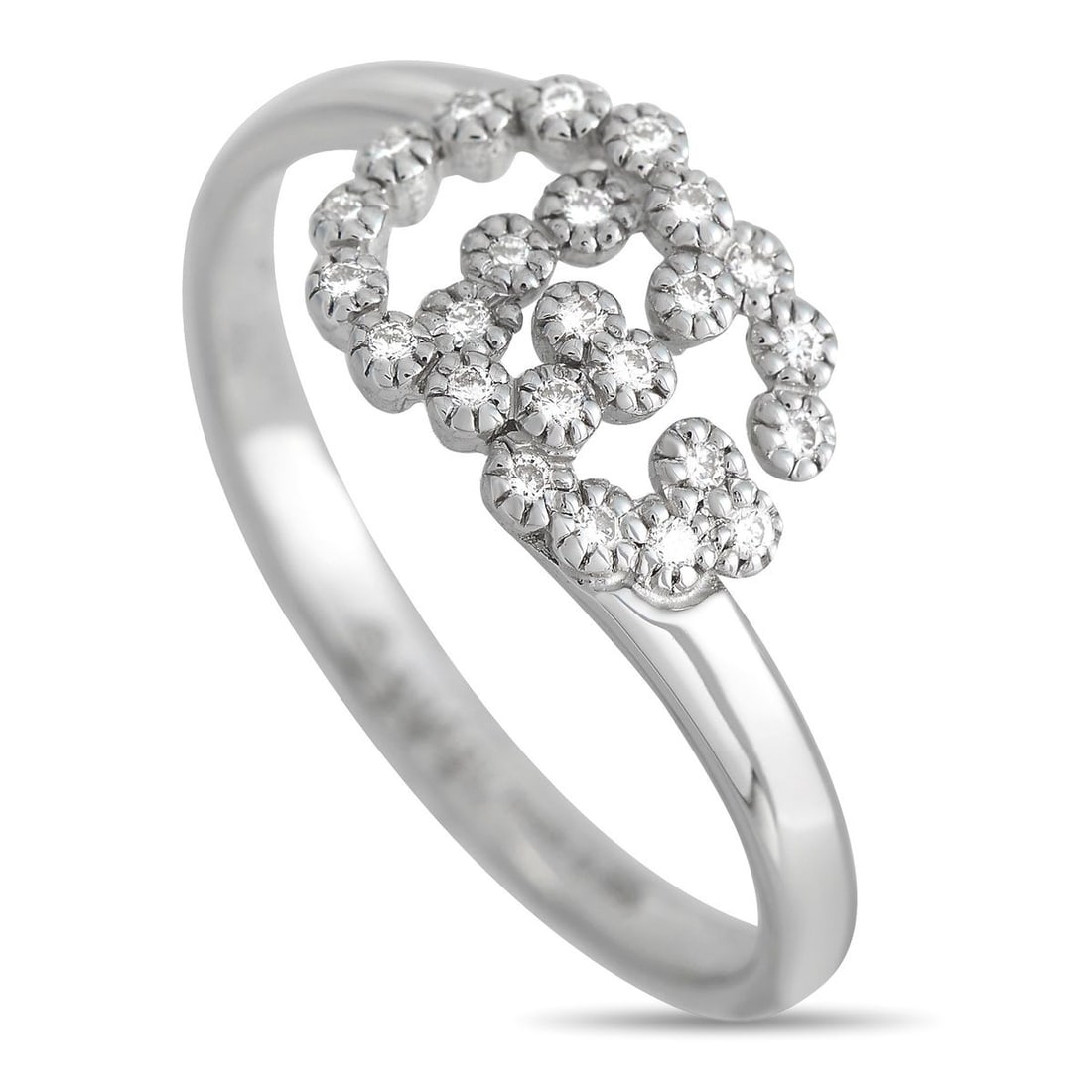 GUCCI DOUBLE G 18K WHITE GOLD DIAMOND RING: On this Gucci Double G ring, the luxury brands iconic logo comes to life thanks to sparkling diamonds. Crafted from 18K White Gold, this piece features a top height and band width measuring 2mm.This j
