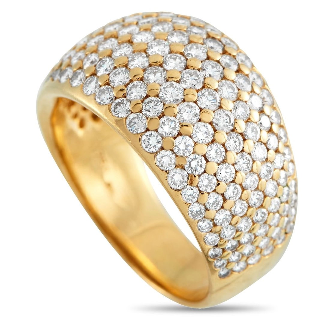 18K YELLOW GOLD 1.25CT DIAMOND PAVE DOME RING: Surface and structure in balanced form. This yellow gold ring features 1.25 carats of round diamonds, arranged in pav across the domed surface. Flat, polished prongs punctuate the layout, offering sma