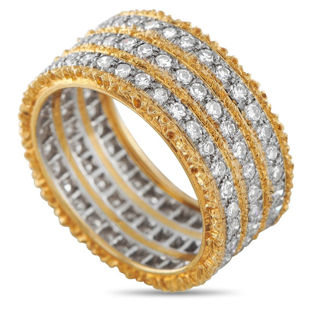 BUCCELLATI 18K YELLOW GOLD 1.65CT DIAMOND RING: Sparking Diamonds with a total weight of 1.65 carats shine brightly from their place within a textured 18K Yellow Gold setting on this exquisite Buccellati ring. Bold enough to make a statement but un