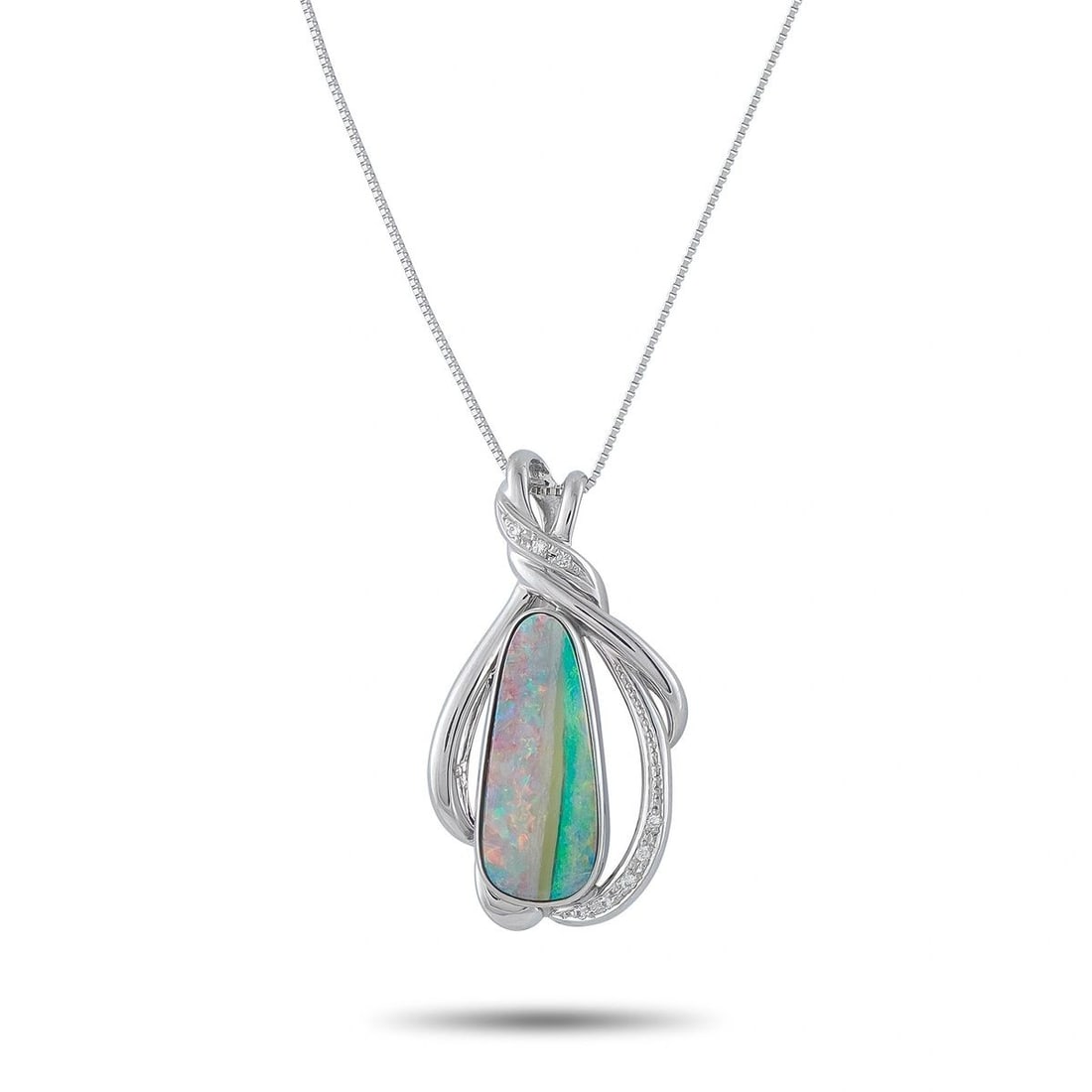 PLATINUM 0.06CT DIAMOND AND OPAL PENDANT NECKLACE: A one-of-a-kind freeform pendant in platinum, showcasing an 8.35 ct boulder opal with vivid play-of-color in greens, pinks, and blues, enveloped in sweeping ribbon-form platinum bands set with 0.06 ct