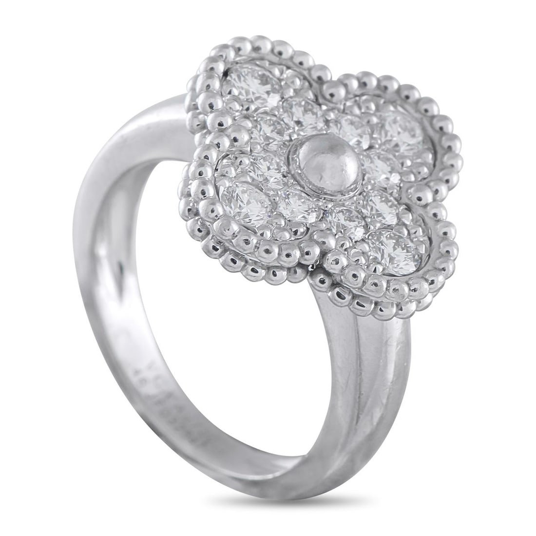 VAN CLEEF & ARPELS ALHAMBRA 18K WHITE GOLD DIAMOND RING: Set in white gold, this ring features a single Alhambra clover motif with the signature beaded edge. At the center, four panels of round diamonds add brightness. A smooth, polished band keeps the look