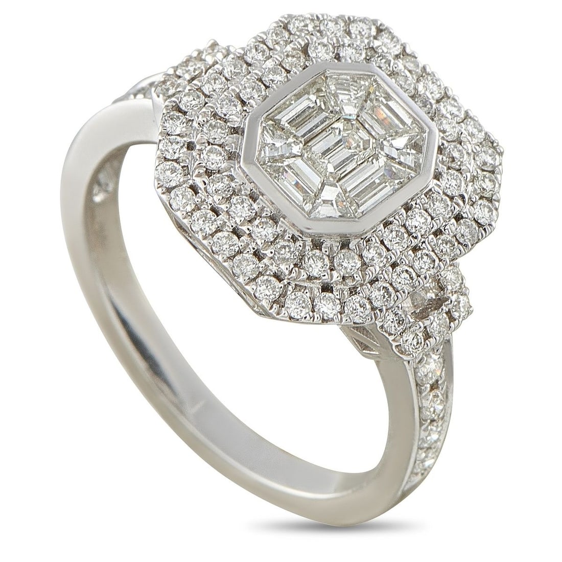 18K WHITE GOLD 1.25CT DIAMOND HALO RING: This ring features a cluster of baguette-cut diamonds artfully set together to create the illusion of one large emerald-cut center stone, framed by a double halo of round brilliant-cut diamonds and di