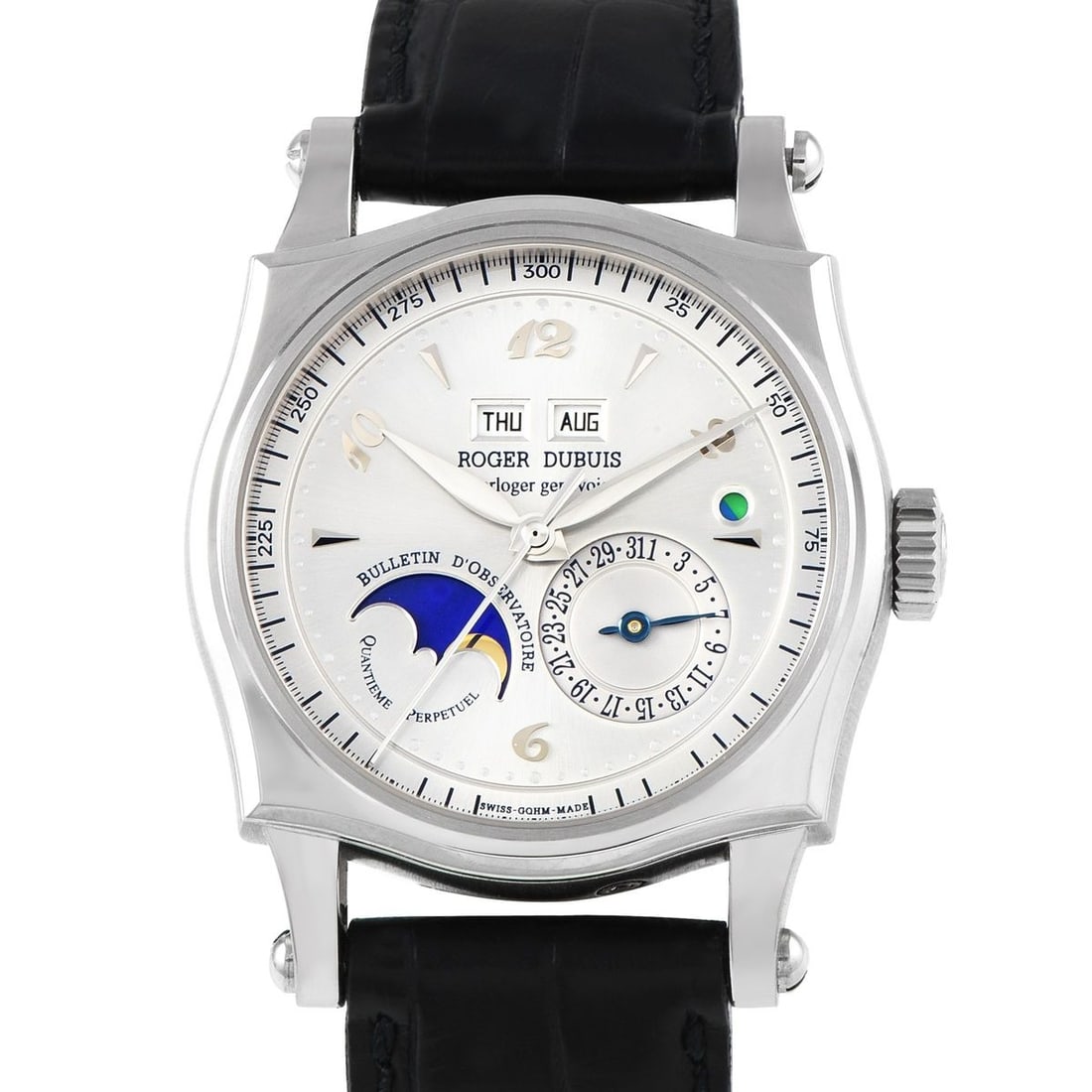 ROGER DUBUIS SYMPATHIE PERPETUAL CALENDAR WATCH: This Roger Dubuis Sympathie Perpetual Calendar ref. S 40 5739 is so rare that we cannot find a single other example in white gold. The pointy cushion case shape is a hallmark of the Sympathie collecti