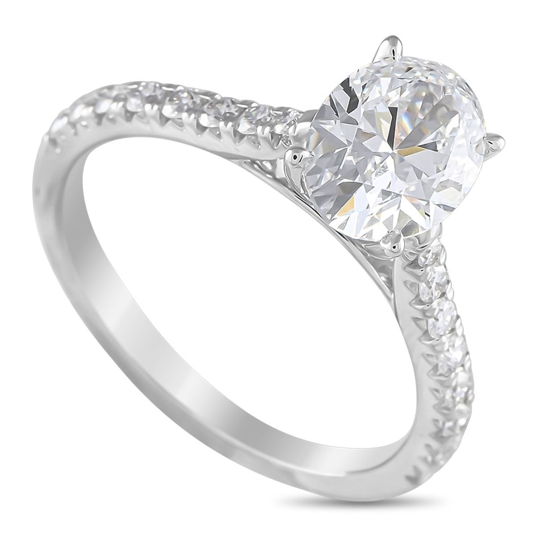 14K WHITE GOLD 2.03CT LAB-GROWN DIAMOND RING: Brilliant Lab Grown Diamonds with a total weight of 2.03 carats allow this ring to sparkle and shine along with your every movement. A 1.68 carat oval-cut Lab Grown Diamond serves as a stunning focal 