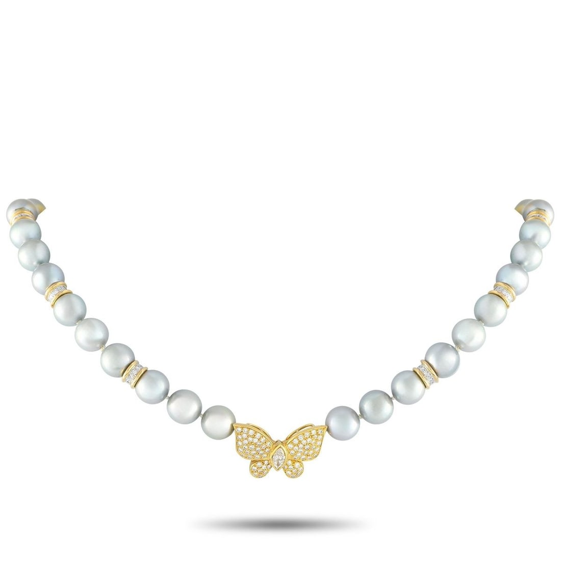 18K YELLOW GOLD 1.47CT DIAMOND AND PEARL BUTTERFLY BROOCH NECKLACE: This exquisite necklace offers two accessories in one. At the center of the 16 strand of silver-blue Pearls lies a lustrous butterfly clasp that can be removed and worn as a brooch. This incredibly un