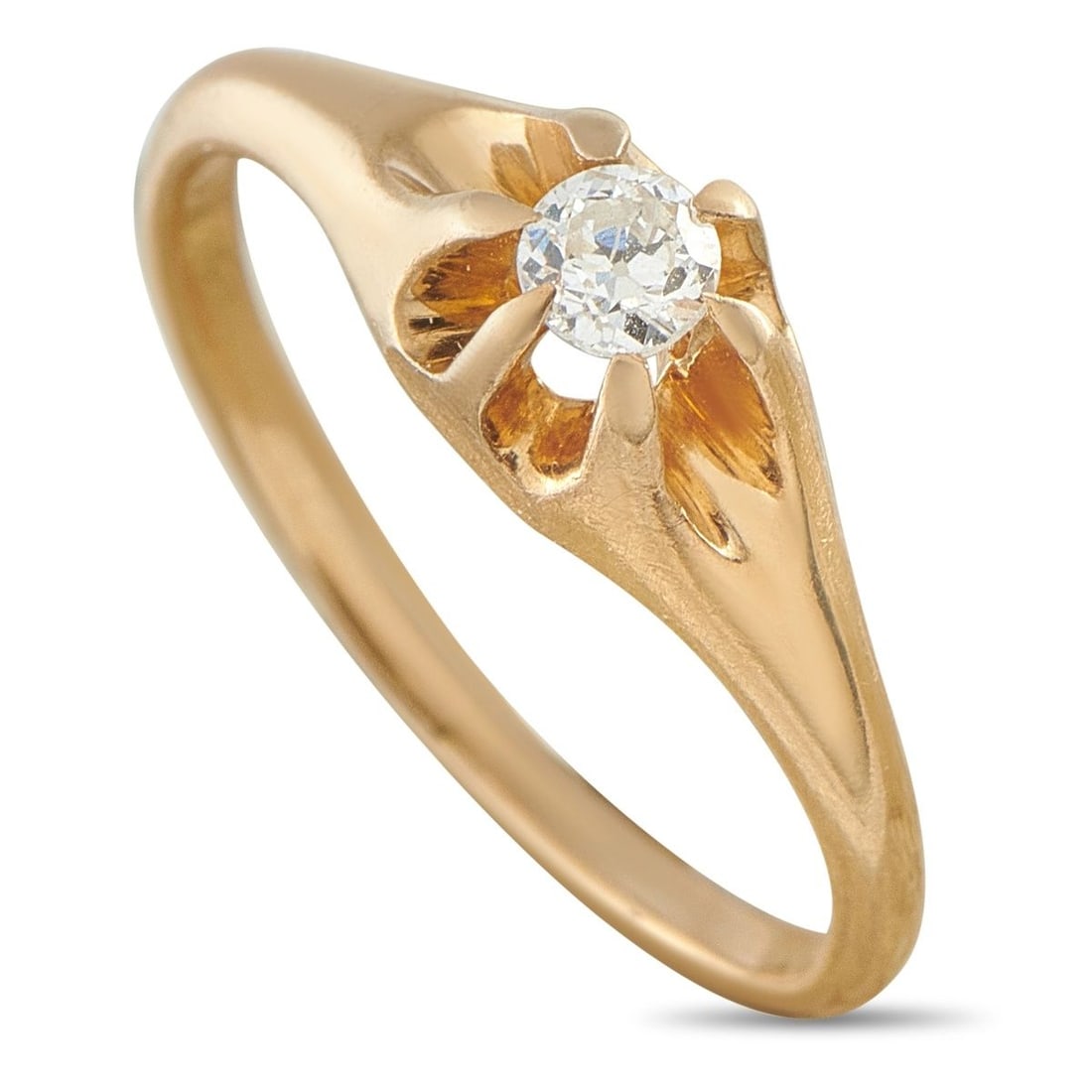 ANTIQUE 14K YELLOW GOLD 0.11CT OLD MINE CUT DIAMOND RING: This antique solitaire ring is crafted in 14K yellow gold and features a round old mine-cut diamond weighing approximately 0.11 carats, held in a scalloped gallery setting. The ring weighs 2.1 grams a