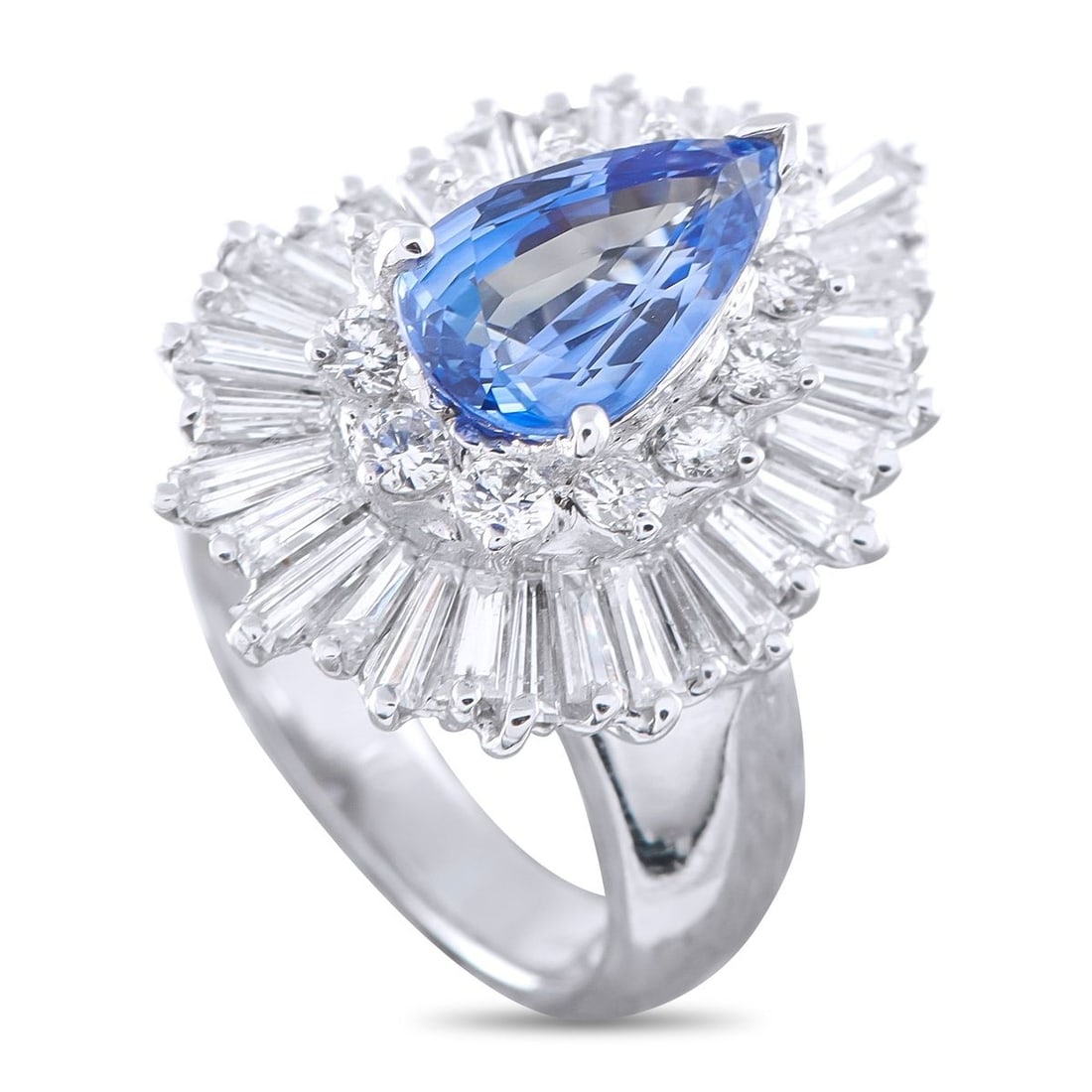 18K WHITE GOLD 2.90CT DIAMOND AND SAPPHIRE RING: A uniquely elegant design means this ring will continually take your breath away. At the center, a 2.40 carat Sapphire adds a stylish pop of color. Additional Diamond accents with a total weight of