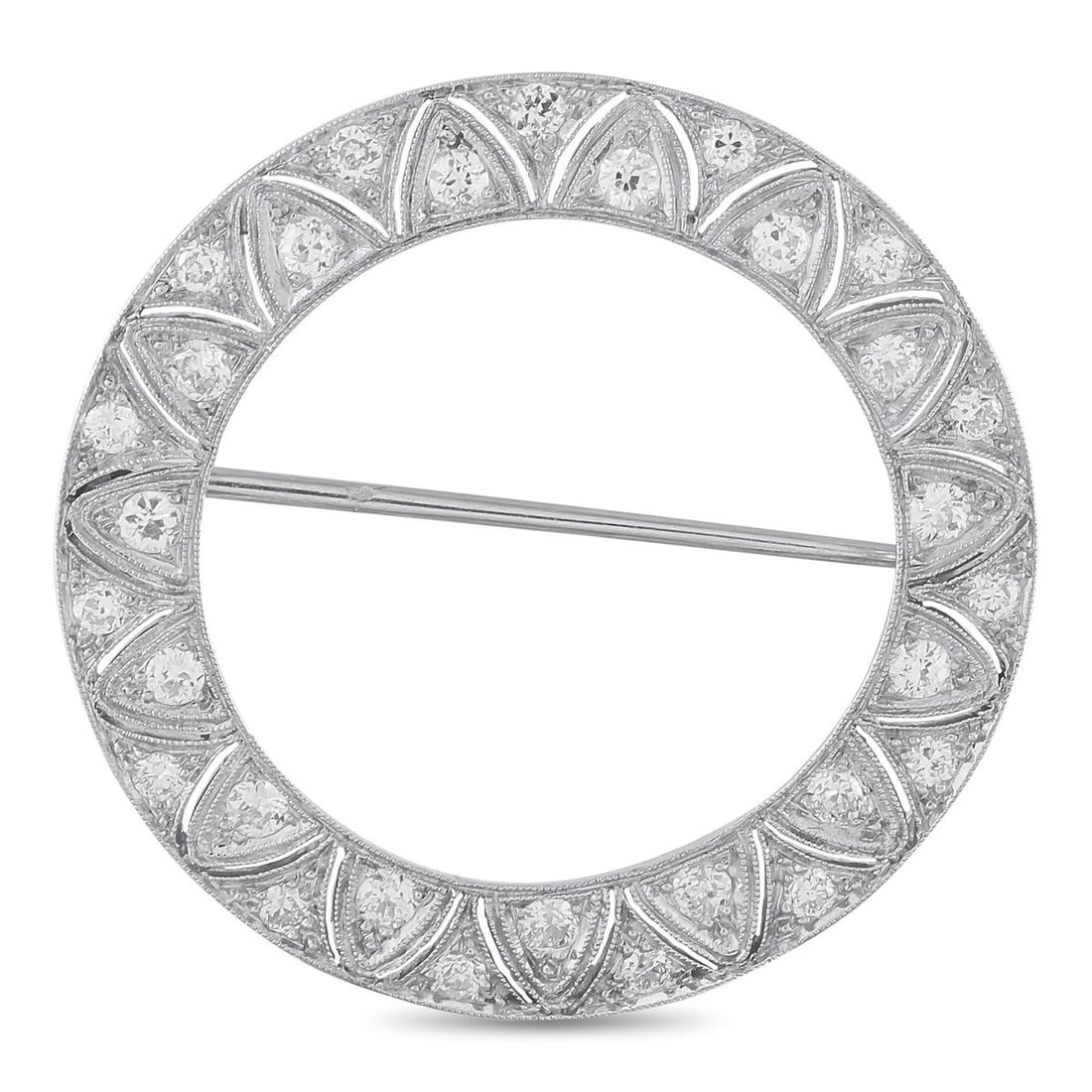 ANTIQUE PLATINUM 1.0CT DIAMOND OPEN CIRCLE BROOCH: An antique open-circle brooch in platinum, set with diamonds totaling 1.0 ct in an intricately engraved milgrain setting, with each stone compartment separated by detailed geometric engraving